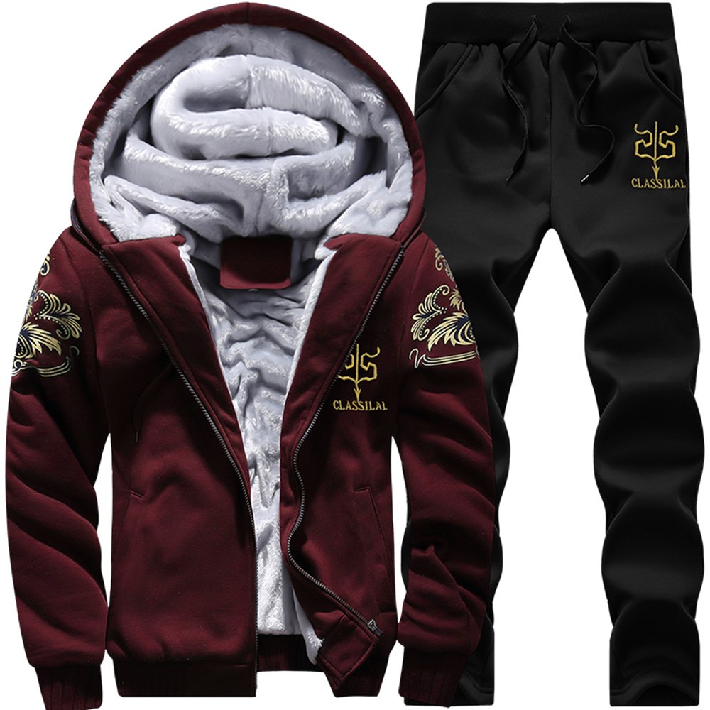 MANTORS Mens Tracksuit Winter Soft Hooded Fleece Sweatsuits Warm Pullover Coats 2 Pieces Outfits Set