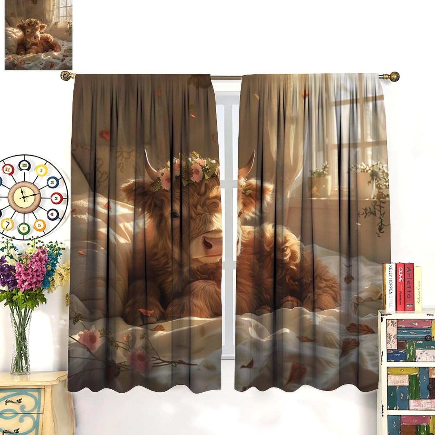 Cute Highland Cow Blackout Curtains, Wreath Sunny Fine Curtains Rod Pocket Thermal Insulated Window Drapes for Bedroom/Living Room, 21W x 45L, 2 Panels