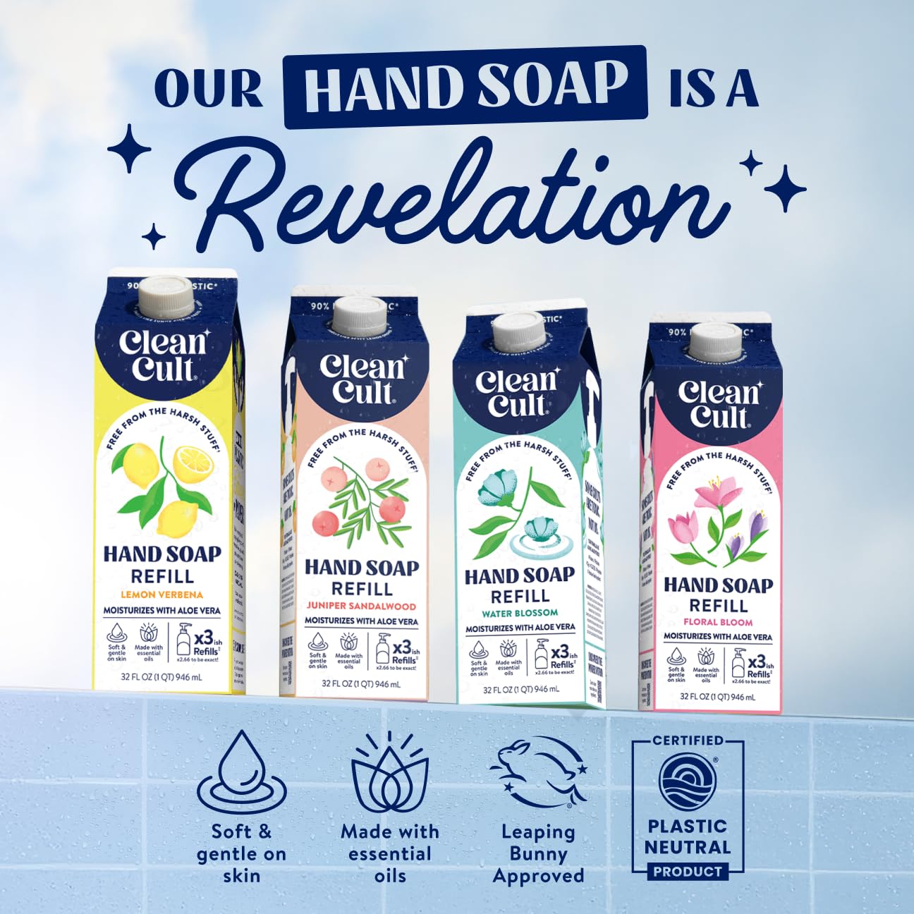 Cleancult Liquid Hand Soap Refill - Floral Bloom- Moisturizes Dry & Sensitive Skin - Made with Aloe Vera & Essential Oils - Eco Friendly - Paper-Based Packaging - 32 oz/3 Pack