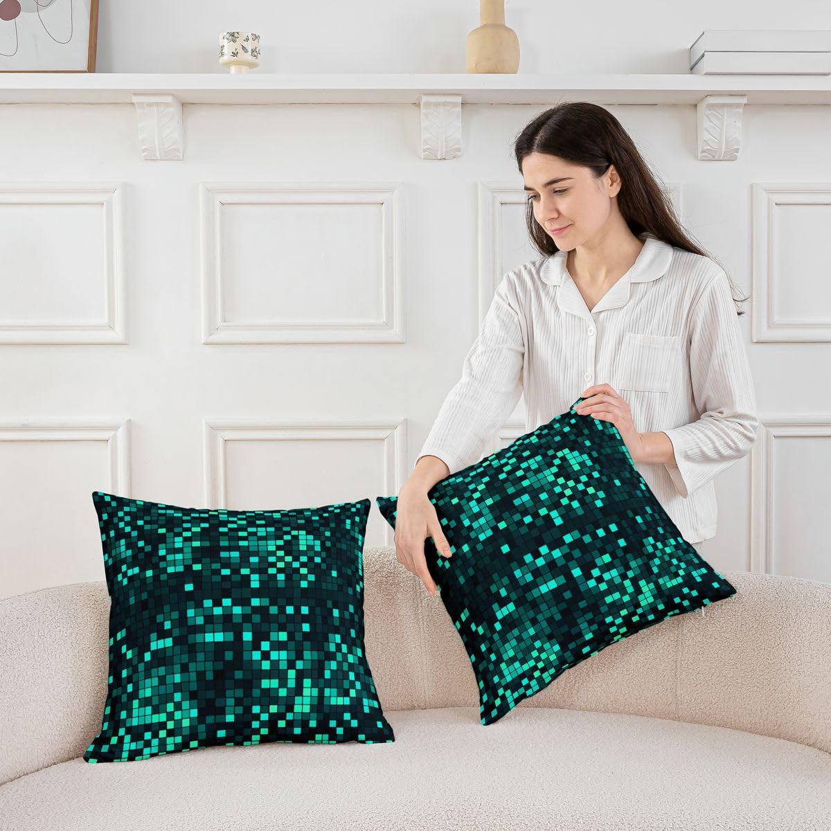 Feelyou Green Black Gradient Pixel Art Throw Pillow Covers 1 Pcs Gamer Square Cushion Covers Retro Pixel Pillow Case Gaming Room Decor Cushion Case for Couch Sofa Bedroom Decor 24 x 24-Inch image 5