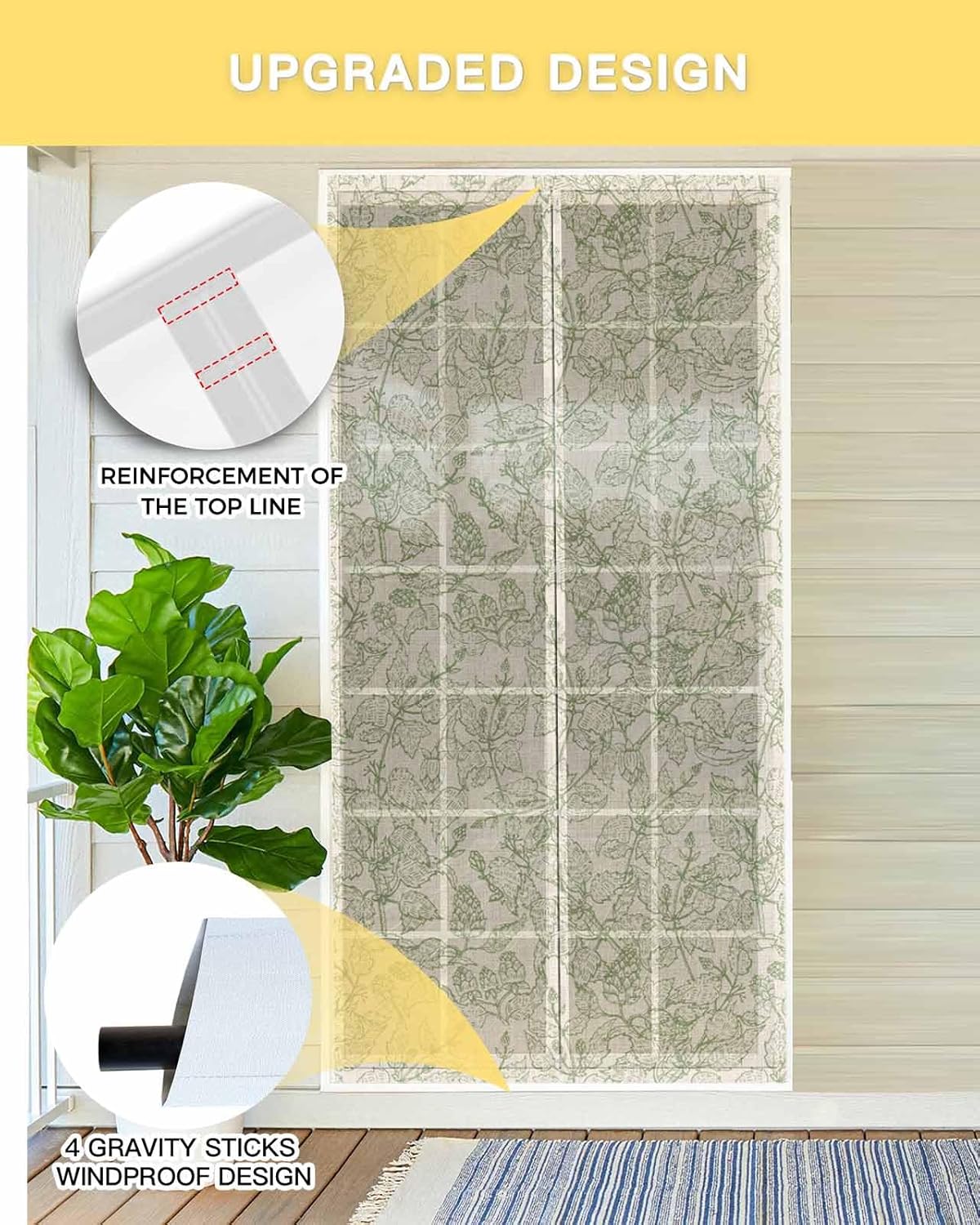 Sage Green Botanical Magnetic Screen Door, Rustic Vintage Floral Leaves Hands Free Screen Mesh Size 38" x 83", Reinforce Heavy Duty Mesh Screen Doors for Patio/Front/Sliding Door