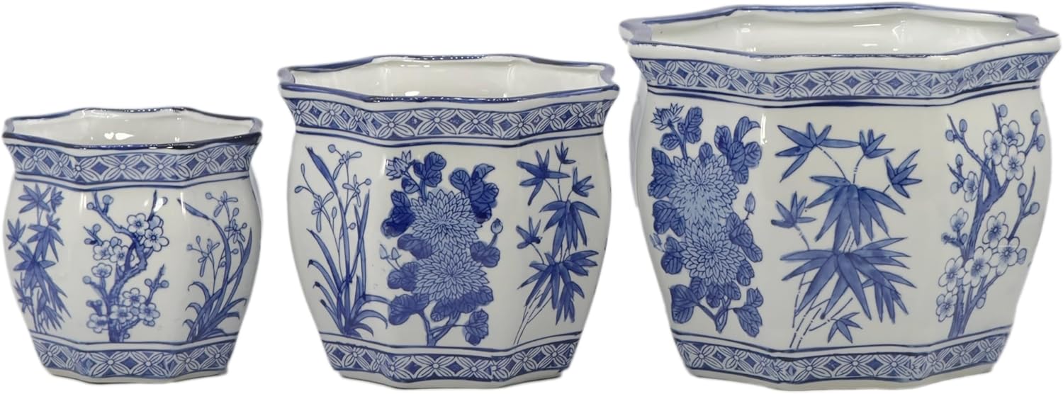 Galt International Blue & White Round Fluted Floral Palm Lotus Porcelain Ceramic Plant Flower Planter Pot Set of 3 (7.5", 10", 13") Garden Pots Chinese Asian Design
