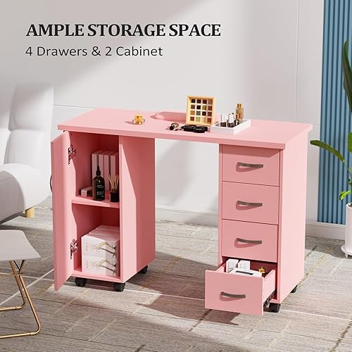 Miniatura 2 de Mesa de manicura para uñas con gabinete, cajones, ruedas y reposabrazos, salón de belleza, hogar, estación de trabajo de técnico de madera, equipo