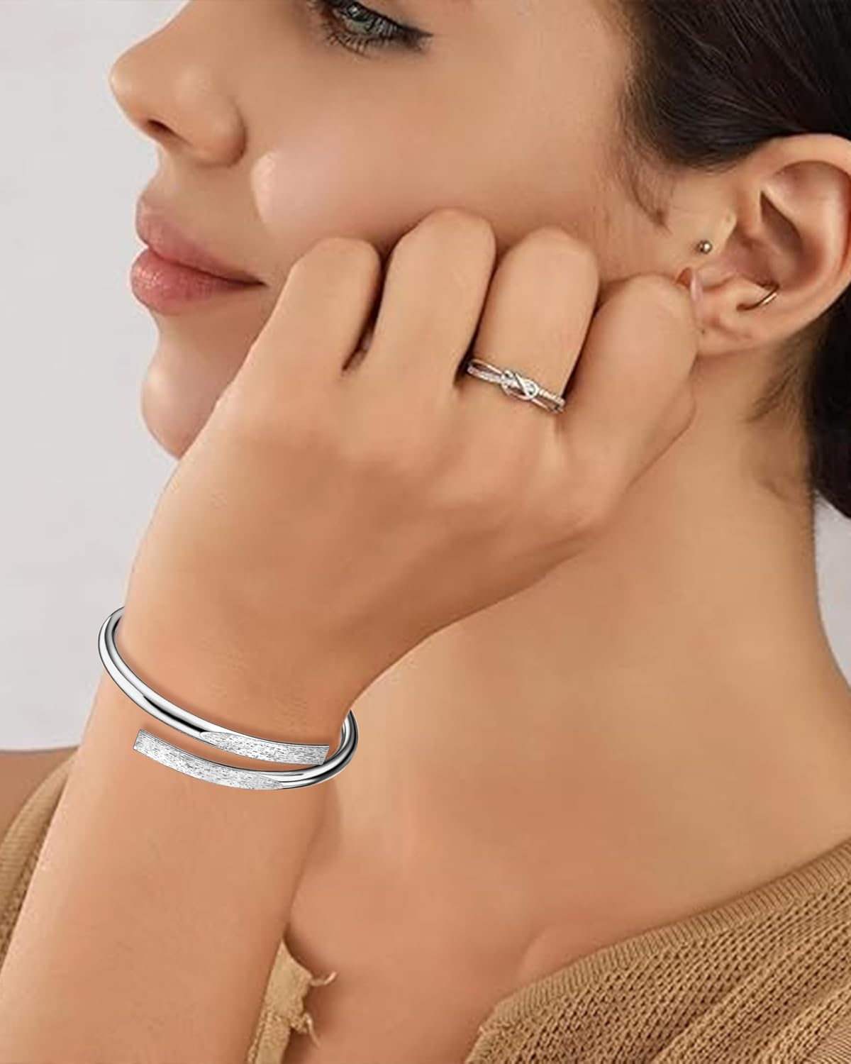 Adjustable Cuff Bracelet for Women, Silver Bangles with Cross Over Design, Modern Bracelet Jewelry Gift - Image 3