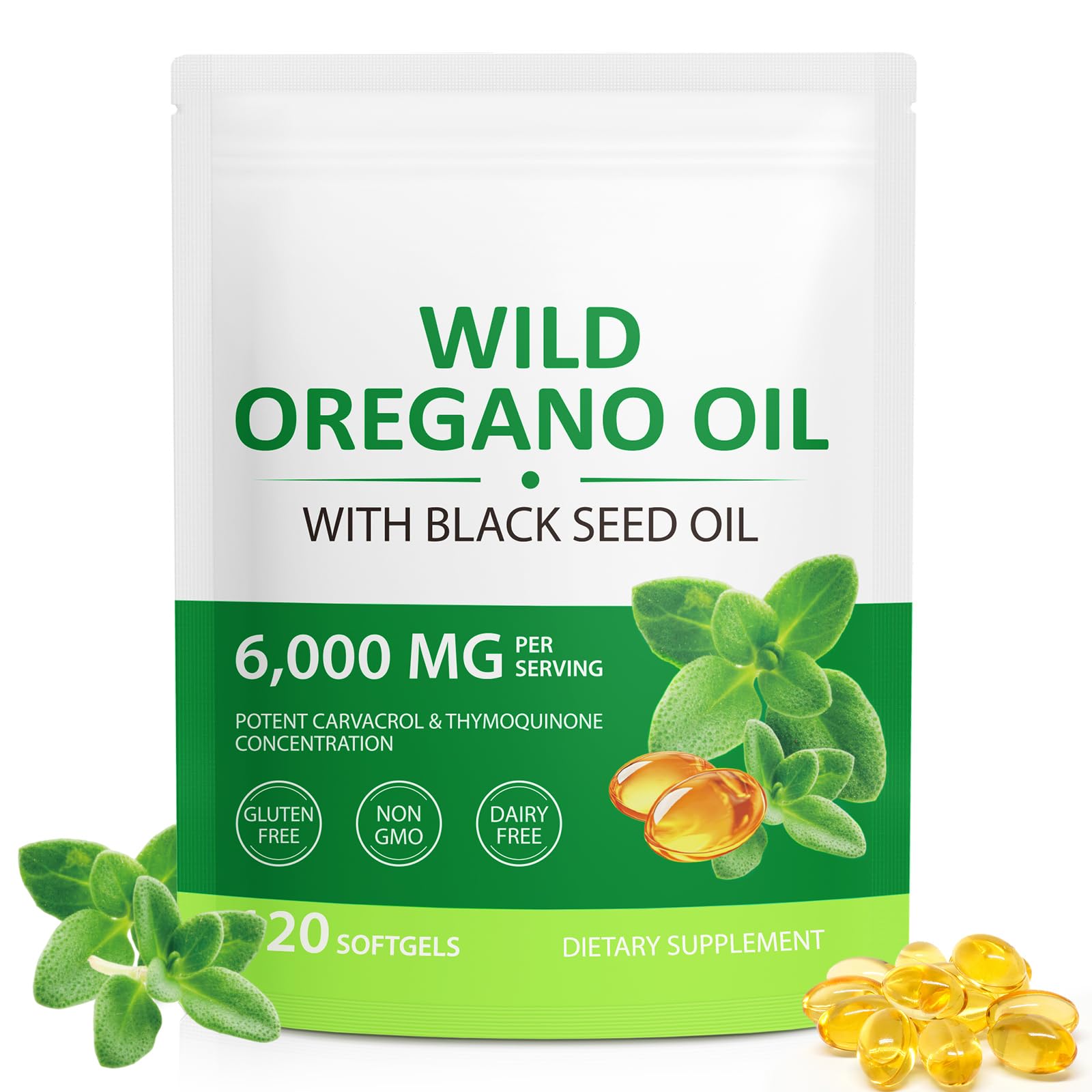 Capsule di olio di origano, olio di origano 120 capsule molli 2 in 1 6000 mg con olios di semi neri 200 mg e 165 mg di carvacrolo | Spremuto a freddo | Supporto del sistema immunitario
