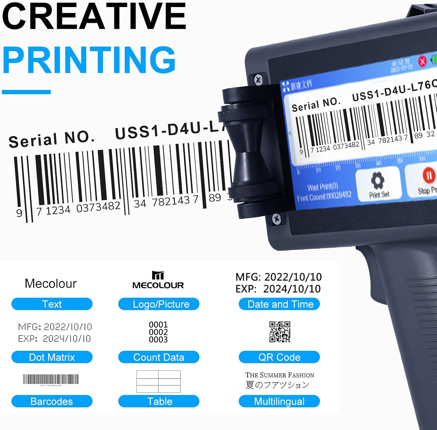 Handheld Inkjet Printer for Flat and Curved Surface with 4.3 Inch Touch Screen, Multi-Language,Prints QR/Text/Date, 2-12.7mm on Metal/Wood/Glass(50m/min),Include Spray coding machine cleaning solution