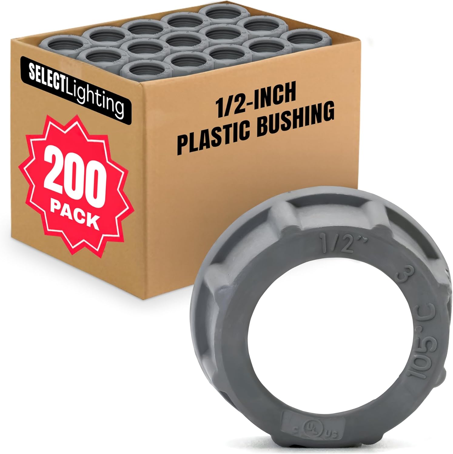 SELECT 200 Pack Insulated Plastic Bushing, 1/2 Inch Rigid PVC Electrical Bushing for Superior Grounding Performance, Fire Retardant Threaded Conduit Fittings