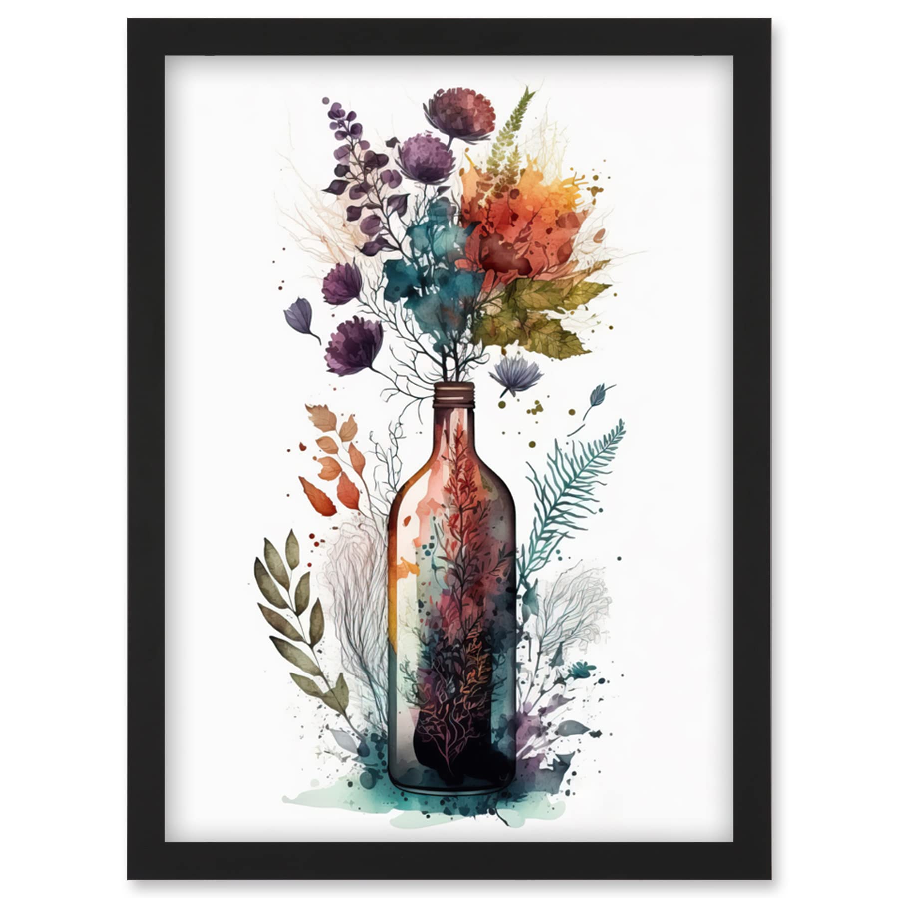 Artery8 Wine Bottle with Wildflower Floral Spring Bouquet Artwork Framed Wall Art Print A4