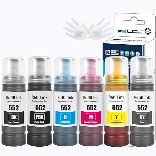 Miniatura 1 de LCL T552 552 - Botellas de repuesto de tinta para impresora EcoTank Photo ET-8500 ET-8550 (6 unidades, negro, negro fotográfico, cian, magenta,