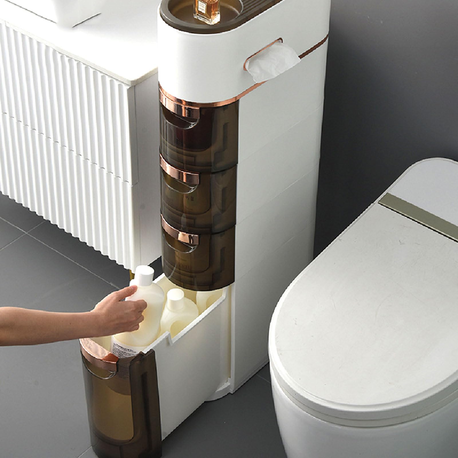 Mobiletto da Bagno Sottile a 4 Ripiani con Ruote, cassetti e Porta Carta igienica - Organizer in plastica Impermeabile per Piccoli spazi, Lavanderia e Gabbie Strette