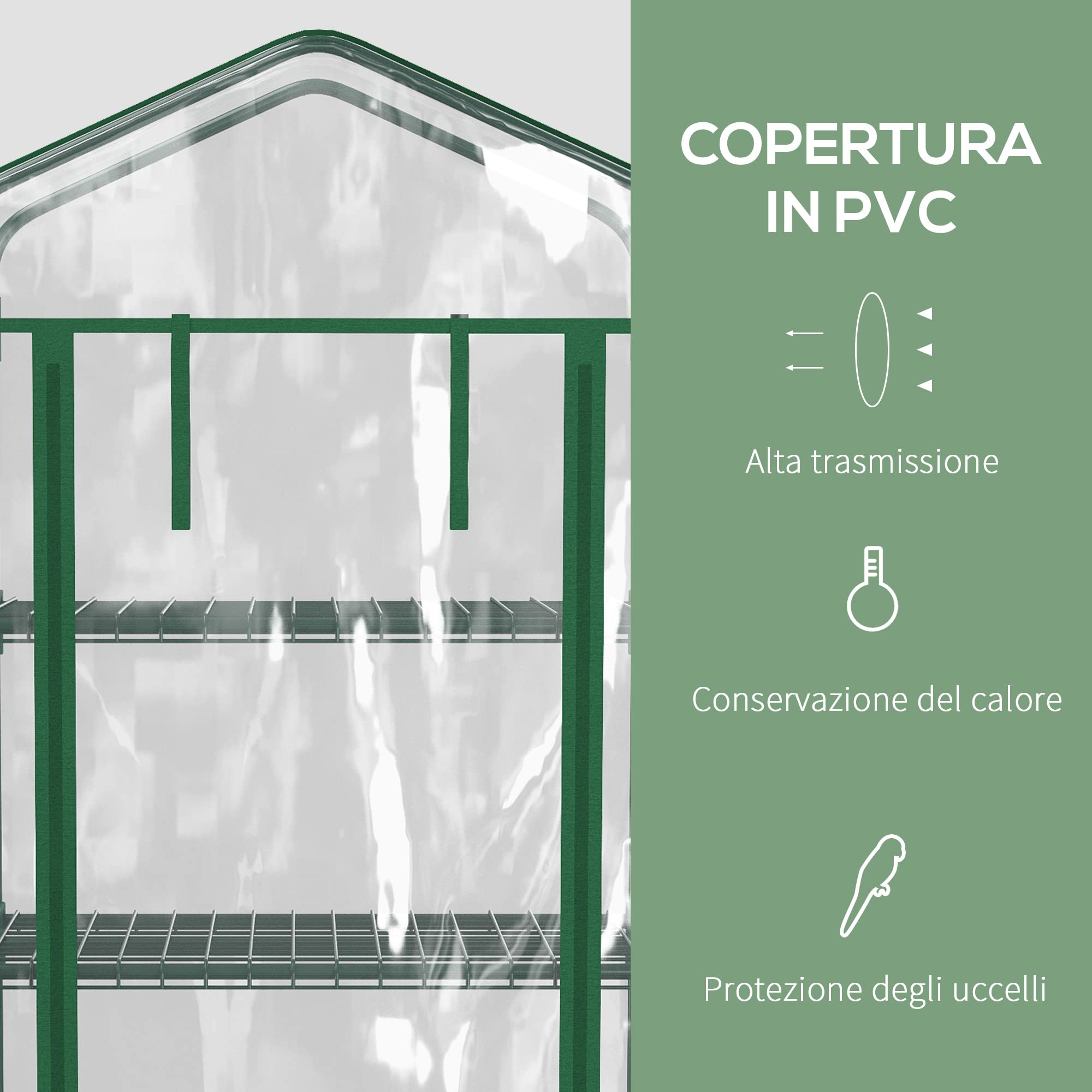 Outsunny Serra da Balcone a 4 Livelli con Porta Avvolgibile e 4 Rotelle, Serra per Orto con Struttura in Acciaio e Copertura PVC, per Orto Verdure Fiori Frutta, 69x50x165 cm, Trasparente