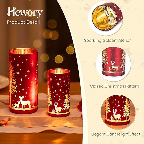 Miniatura 7 de Hewory Portavelas de huracán de Navidad juego de 2 velas de Navidad de reno dorado rojo, portavelas de vidrio para centro de mesa, mantel de