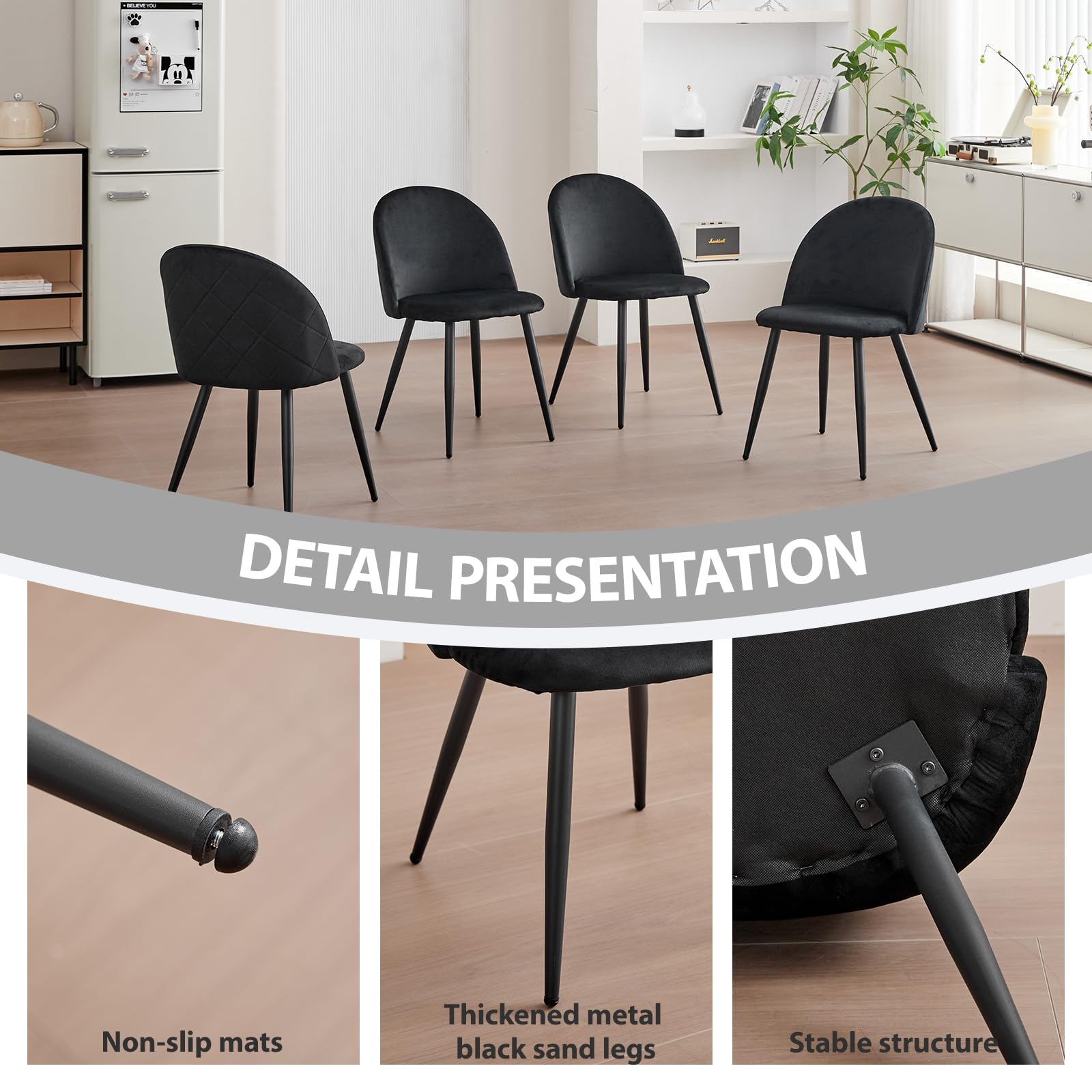 GrandCA HOME Set Tavolo e Sedie da Pranzo, Tavolo Rotondo da 100 cm e 4 Sedie in Velluto Nordico, Adatto a Soggiorno, Sala da Pranzo e Cucina (Venatura del Legno Chiaro + Nero)