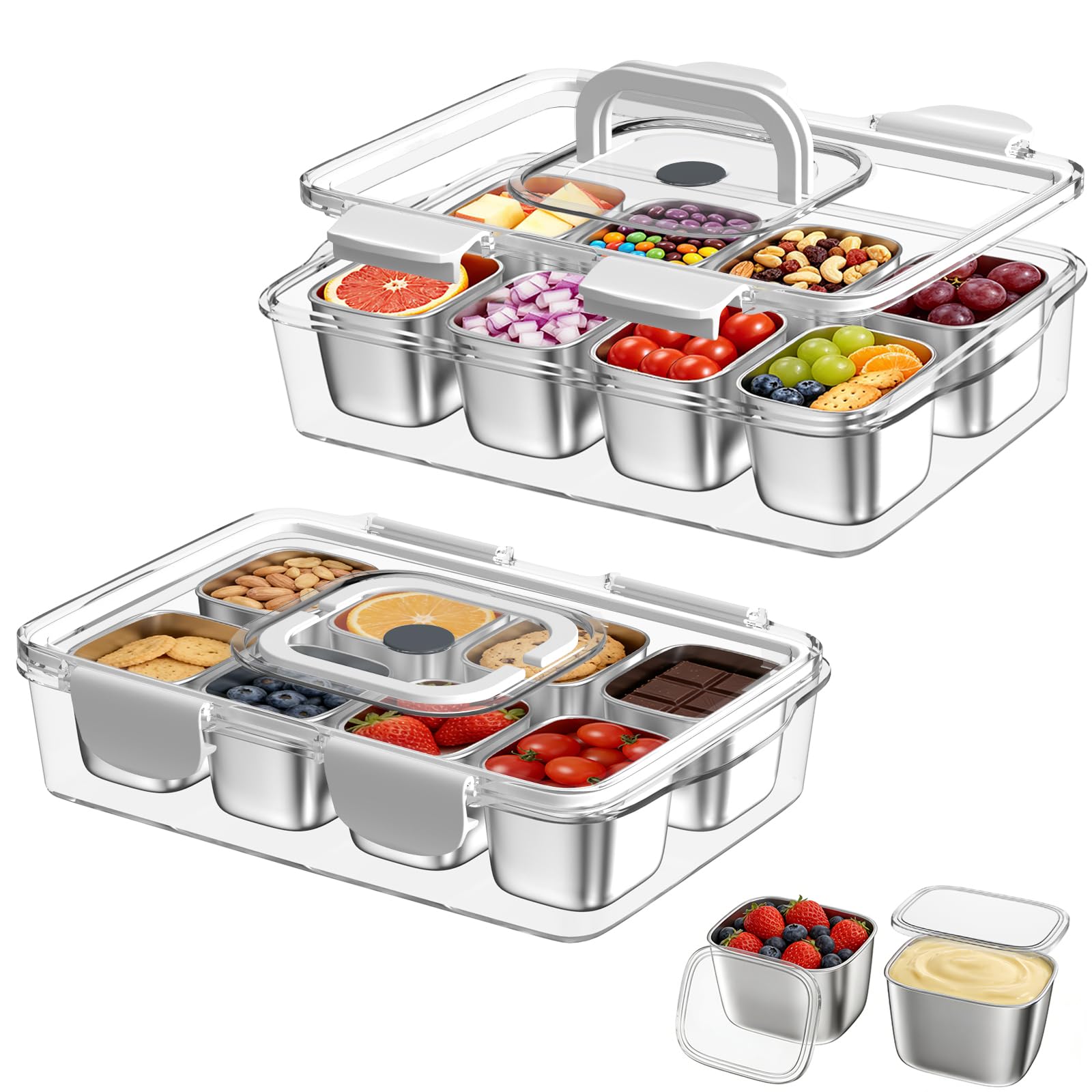 Lot de 2 boîtes à goûter en acier inoxydable avec 8 compartiments, portables et anti-fuite, avec couvercle pour collations, bonbons, noix et fruits, passent au lave-vaisselle pour les pique-niques