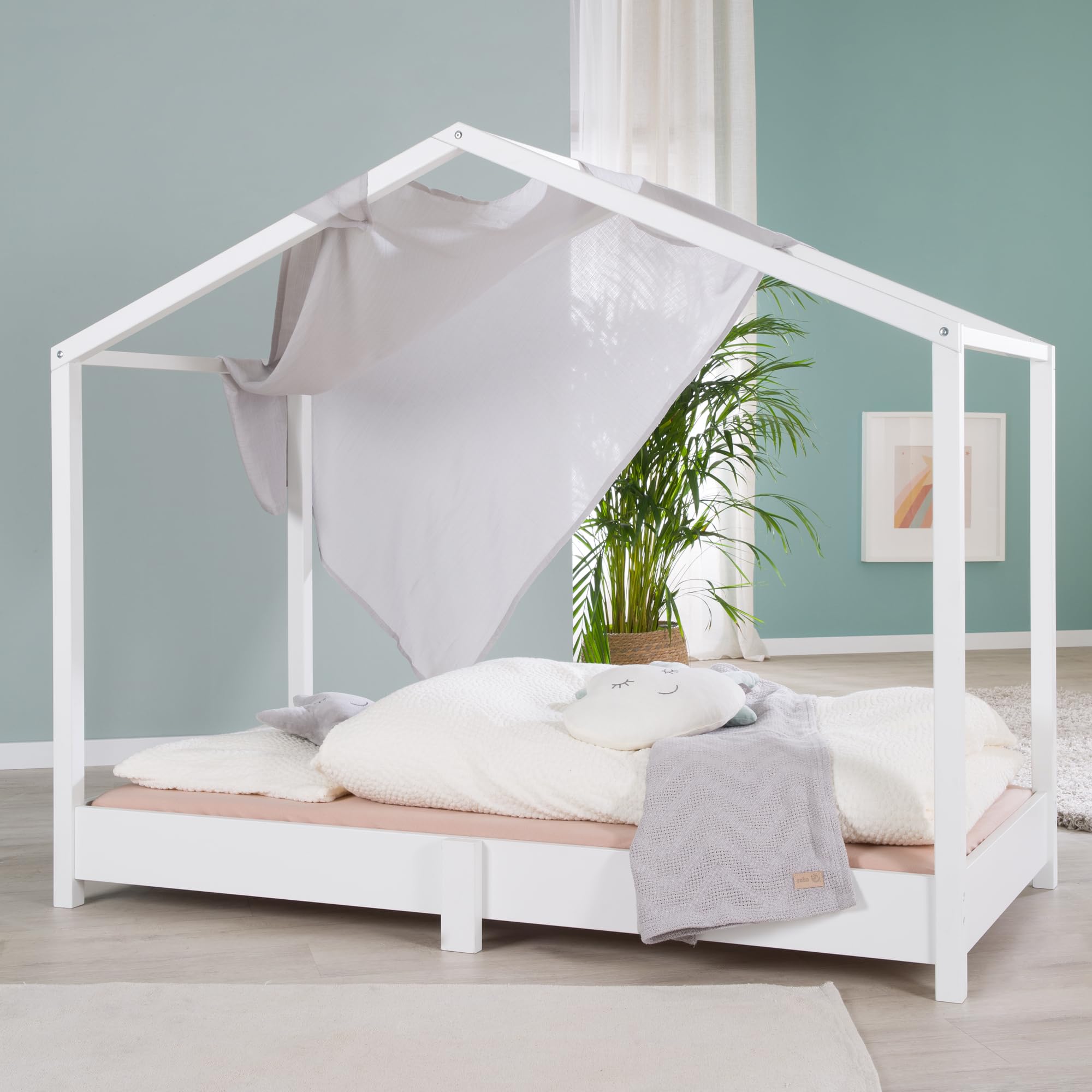 roba Lit cabane 70 x 140 cm avec sommier à lattes - Lit pour enfants au ras du sol selon le principe Montessori - Extensible avec housse de lit cabane - Bois laqué blanc