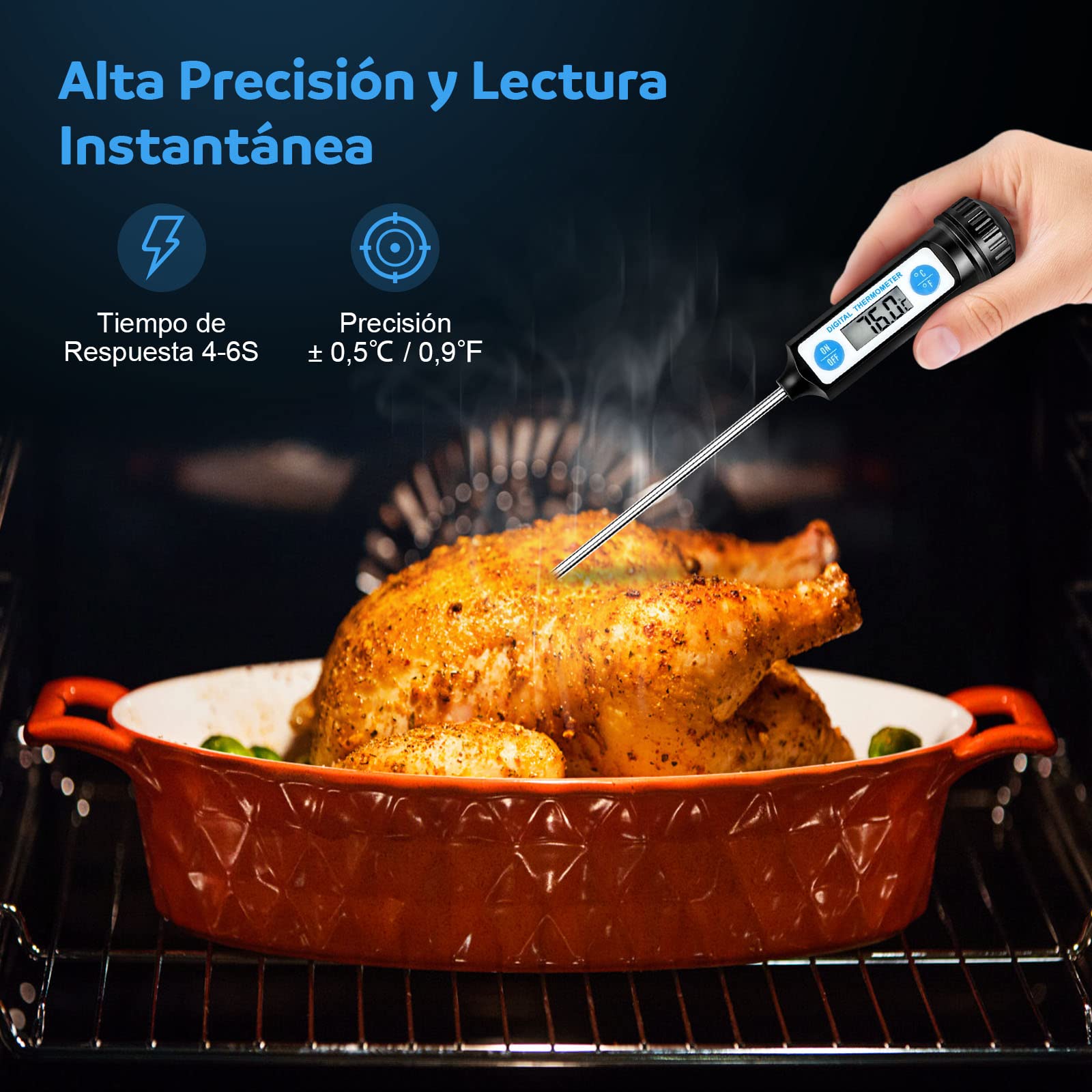 Anpro - Termómetro digital de cocina, con sonda larga y pantalla LCD, para alimentos como carne, aceite, leche, vino, barbacoa y agua caliente, negro