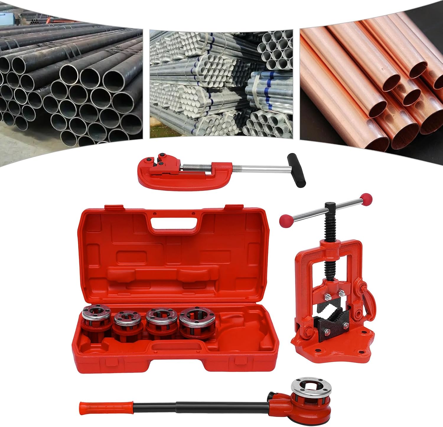 Ratchet Pipe Threader Kit, Manual Pipe Threader Ratchet Type Kit with 5 Dies (3/8", 1/2", 3/4", 1", 1-1/4")& Pipe Cutter Plumbing Tool with a Carry Case for Metal and PVC Pipes