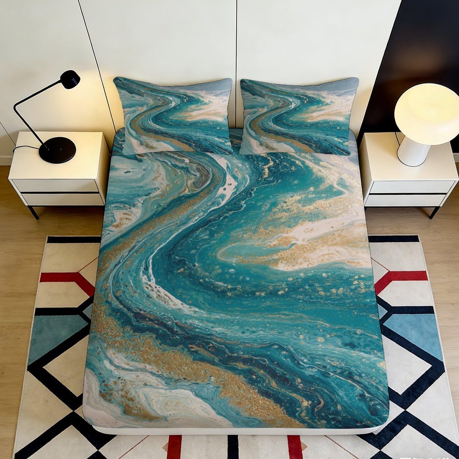 3D Printed Ocean Marble Fitted Sheet Microfiber Abstract Wave Mattress Cover for Bedroom Guest Room Decor Protection 117 120x200x25cm