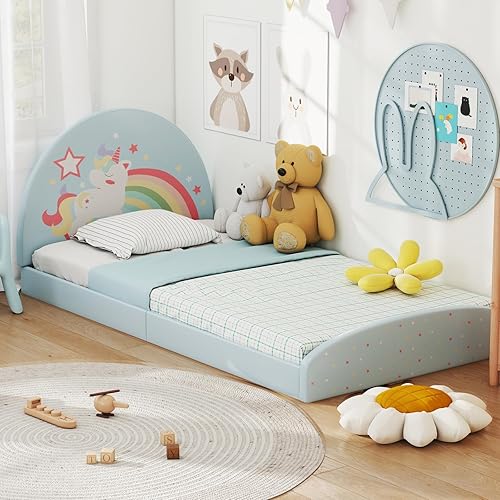 Miniatura 8 de Costzon - Base de cama individual para piso, cama tapizada para niños con alfombra de tela Oxford 210D, soporte central y tablas acolchadas, cama de