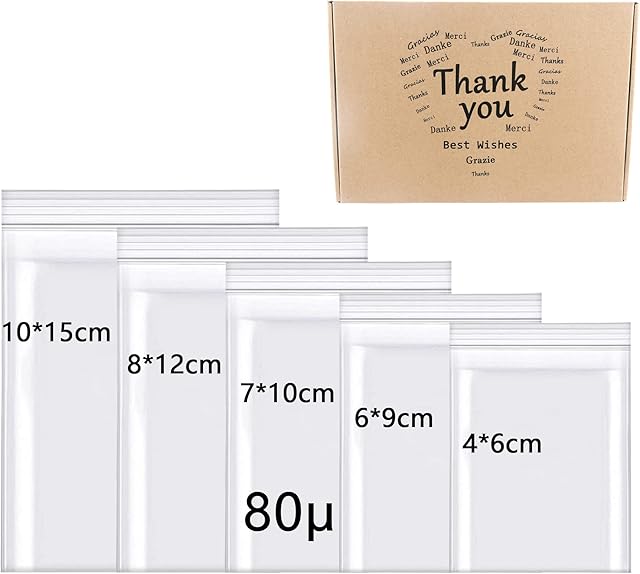 Rshuhx 500pcs Small Plastic Bags Sealable Clear Grip Seal Bags Heavy Duty Thicken 160μm Multiple Size Little Ziplock Bag Handy for Classification Storage Nuts Cookies Jewellery Seeds Screw