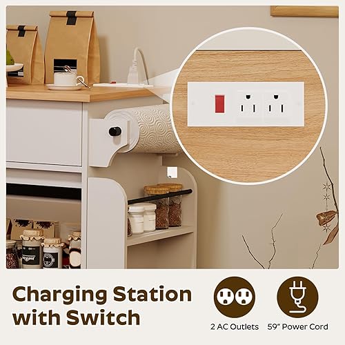 Miniatura 6 de Isla de cocina con almacenamiento, gabinetes de almacenamiento de cocina con estación de carga, isla de cocina sobre ruedas, mesa de isla rodante