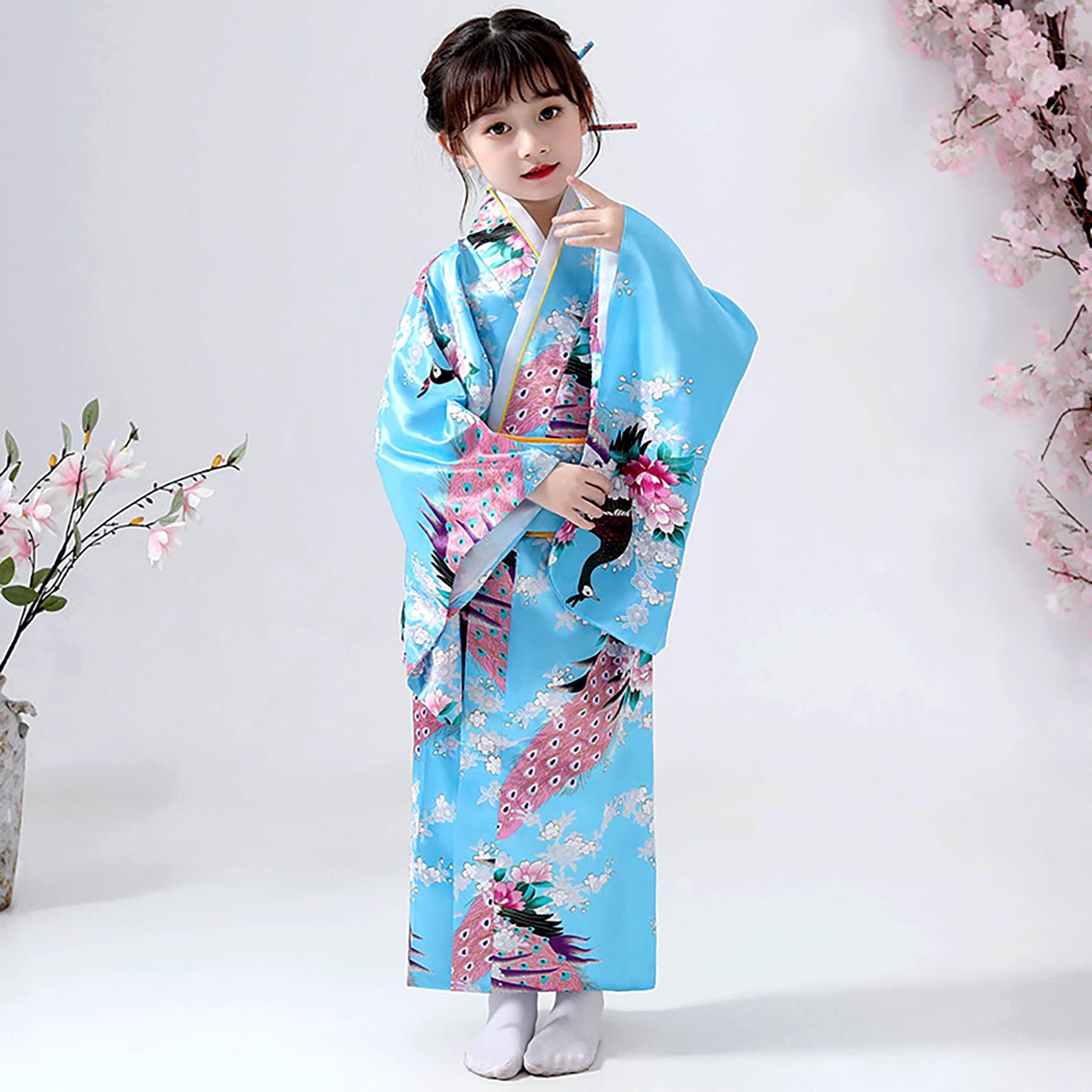 Dziecięca Yukata Vintage Japoński Styl - Dziewczyna Kimono Dzieci Sukienka Tradycyjna Odzież Jedwabna Tkanina Szlafrok Odzież Ślubna Impreza Suknia Występ