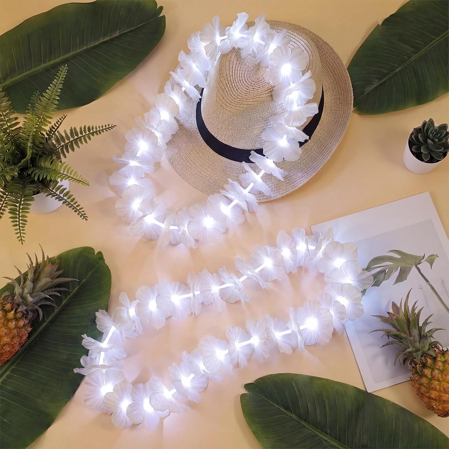 36 Pcs Light up Hawaiian Leis Flower Necklace LED Leis Artificial Luau Flowers Necklaces Glow in The Dark for Carnival Beach Wedding Masquerade Tropical Themed Party