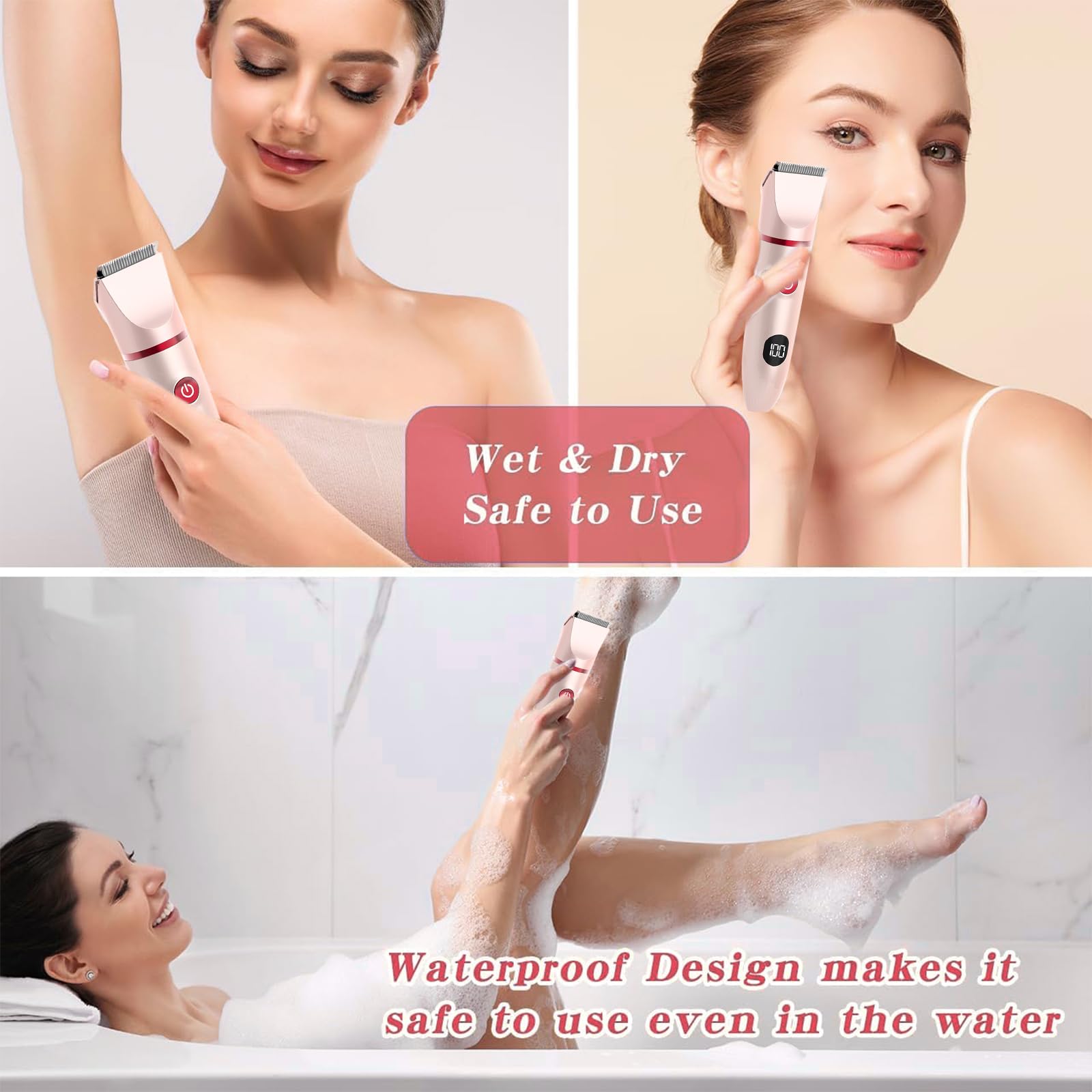 3 in 1 Rasoir Electrique Femme, Tondeuse Intime, IPX7 Étanche Rasoir Femme, utilisation humide et sèche pour le visage, les aisselles, les jambes (Rose)