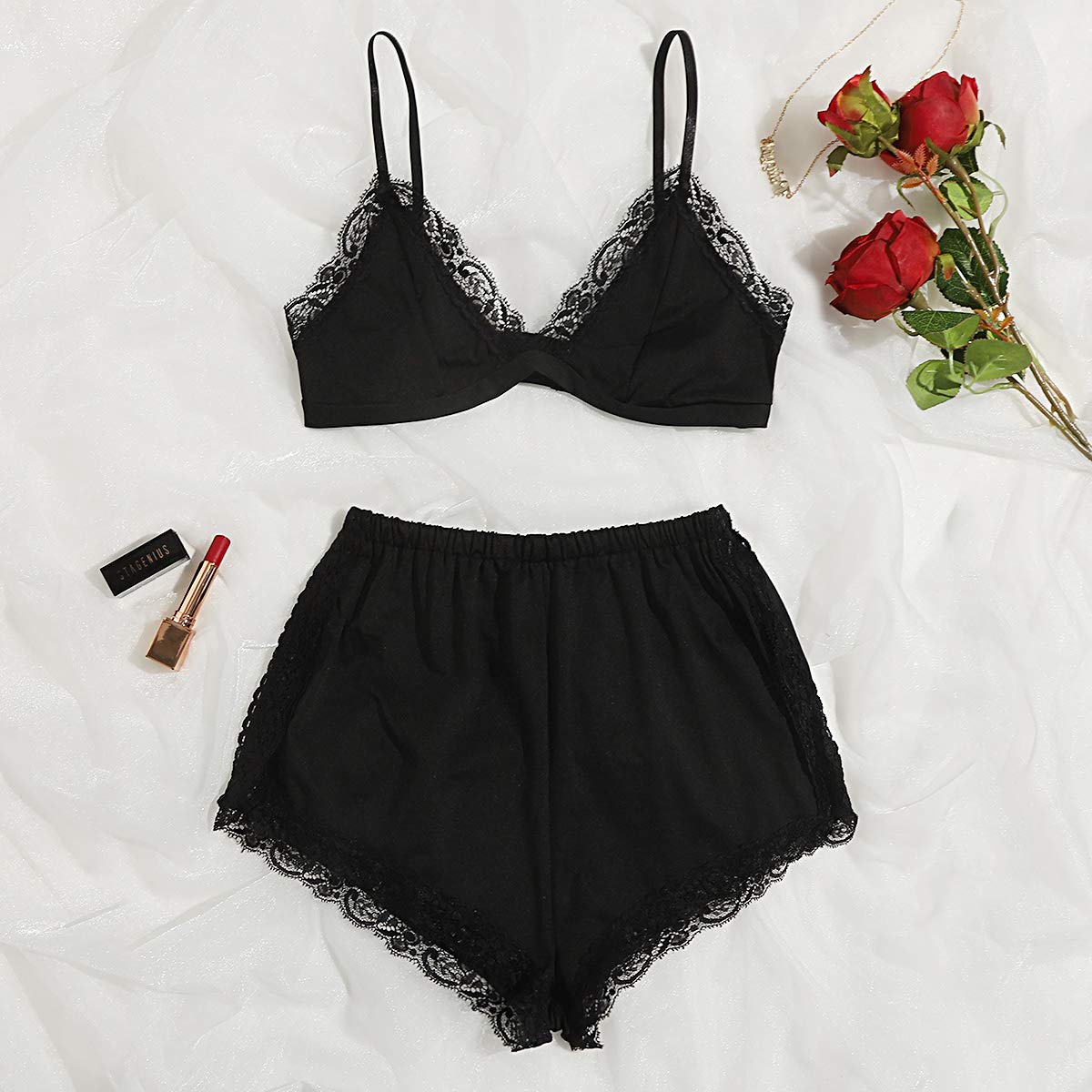 SweatyRocks Women's Lace Trim Underwear Lingerie Sets Sexy V Neck Bra and Panty Set Pajama Sets: Small Solid Black