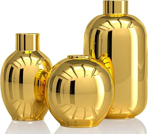 Vista 9 de Blcka Juego de 3 Jarrones de Flores de Cerámica Dorada Brillante, Jarrones Decorativos Redondos Modernos Dorados para Hierba de Pampas Decoración