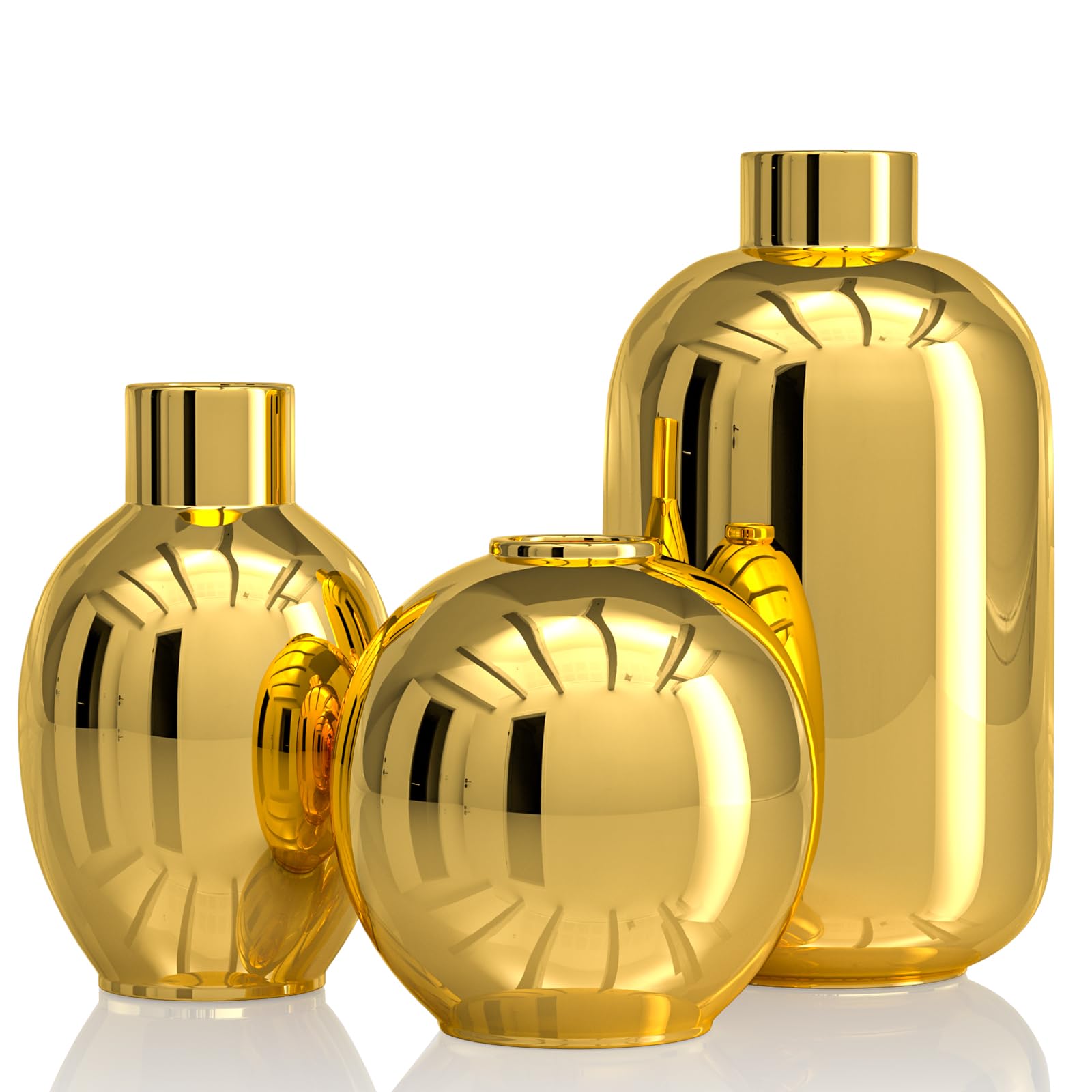 Set di 3 vasi in ceramica dorati lucidi, vasi decorativi moderni rotondi in oro per decorazione con erbe Pampas, camera da letto, ufficio, soggiorno, libreria, matrimonio, centrotavola per bagno