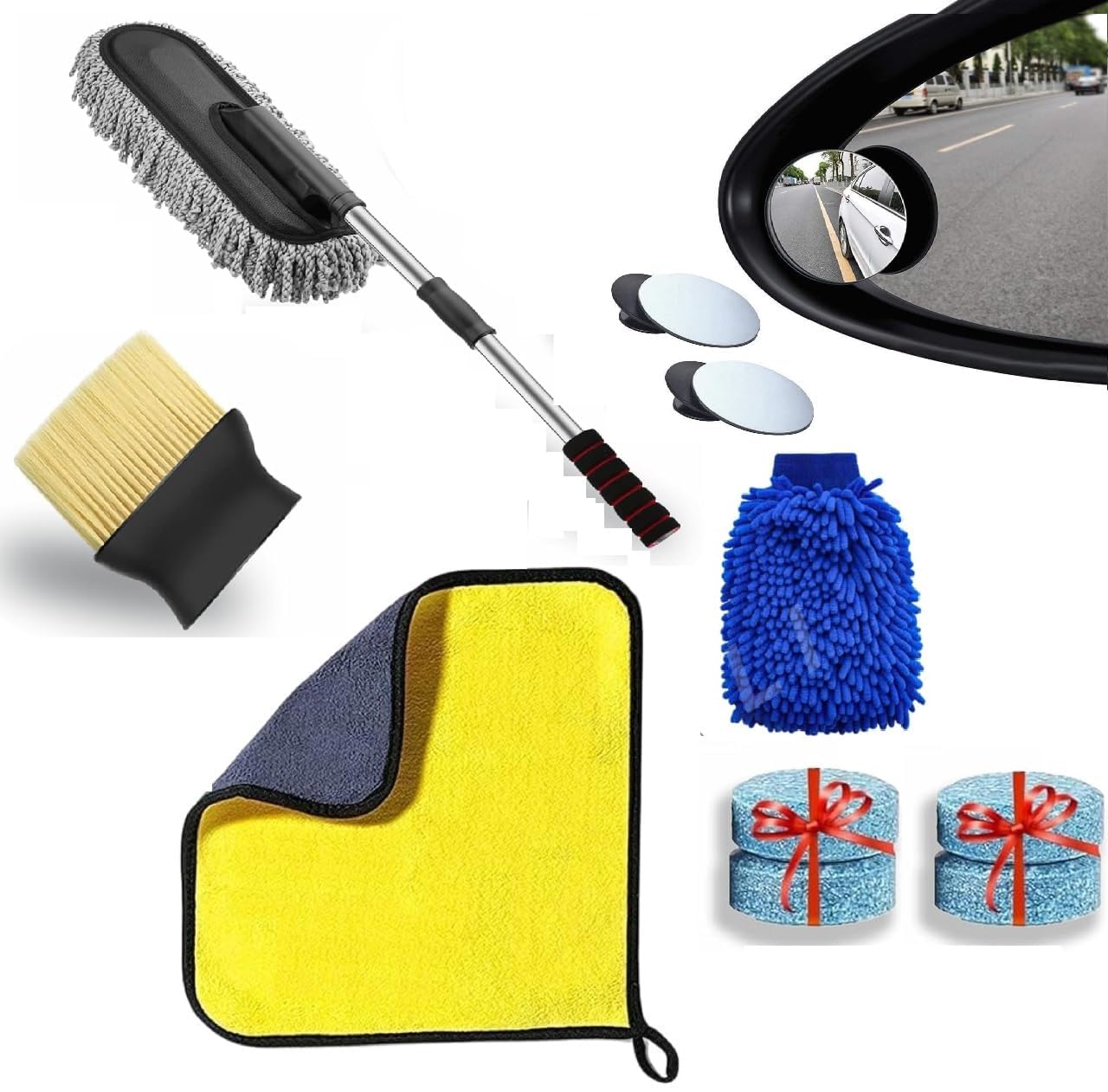 7 in 1 Microfiber Car Duster Kit|Interior & Exterior Car Cleaning Detailing Tool|Scratch & Lint Free, Round HD Glass Convex Rear View Mirror Extendable Long Handle Duster for Car,Motorcycle-image-27