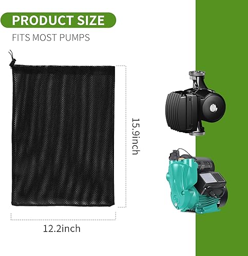 Miniatura 6 de Paquete de 2 bolsas de barrera de bomba de 12.2 x 15.9 pulgadas, bolsa negra con cordón para la mayoría de bombas de estanque, bolsa de malla de