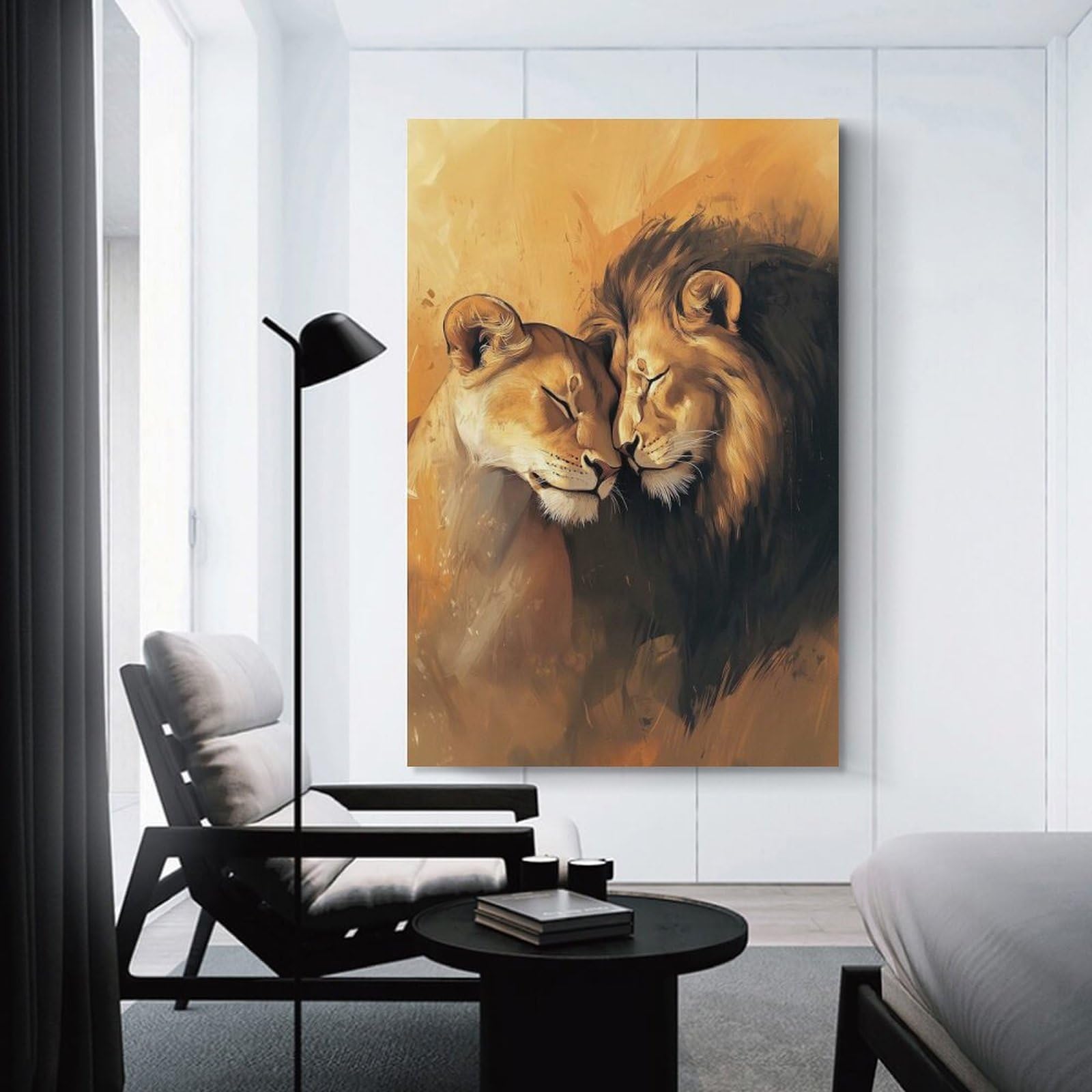 Junmoney Unframe-Style-3 Lion Couple Portrait Wall Decor Canvas Print, 24X36inch(60X90cm), For Lounge, Bedroom Or Personal Spaces, Thoughtful Wall Decor For Art Lovers