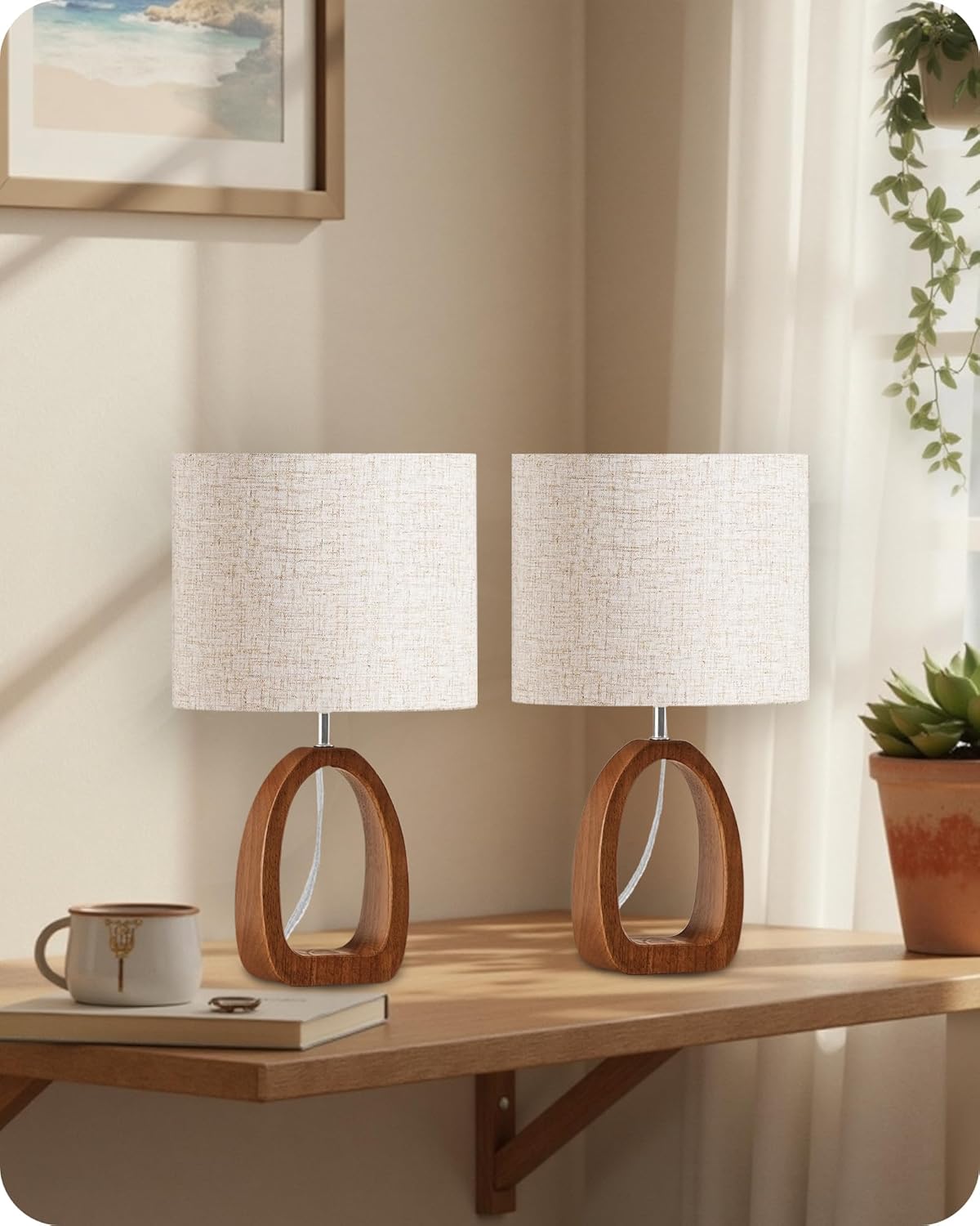 Wood Table Lamps Set of 2, 14.2" Small Bedside Lamp with Beige Linen Lampshade & Dark Pearwood Base, Modern Nightsantd Lamps, Cute Desk Lamp for Small Space, Bedroom, E26 Base, LE07TLP205