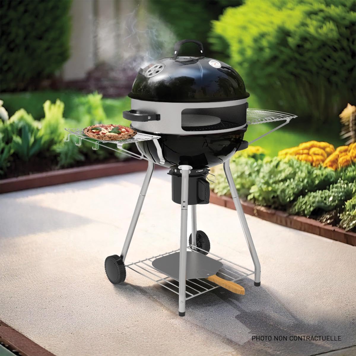 Barbecue au charbon + four à pizza | Barbecue charbon + four pizza, Ø55 cm, thermomètre, régulation air, pierre incluse, cuisson polyvalente, robuste, mobile