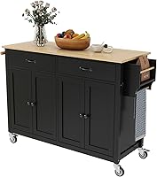 Vista 161 de LUMISOL Carrito de isla de cocina con ruedas de bloqueo con 2 cajones y 4 gabinetes, isla de cocina rodante con estantes ajustables, mesa de madera