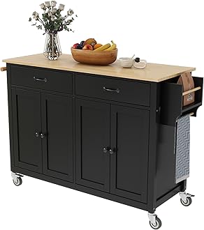 LUMISOL Large Rolling Kitchen Island Cart with 2 Drawers, Kitchen Island on Wheels with Solid Wood Top, Portable Trolley Island with 2 Cabinets for Dining Room Living Room, Black