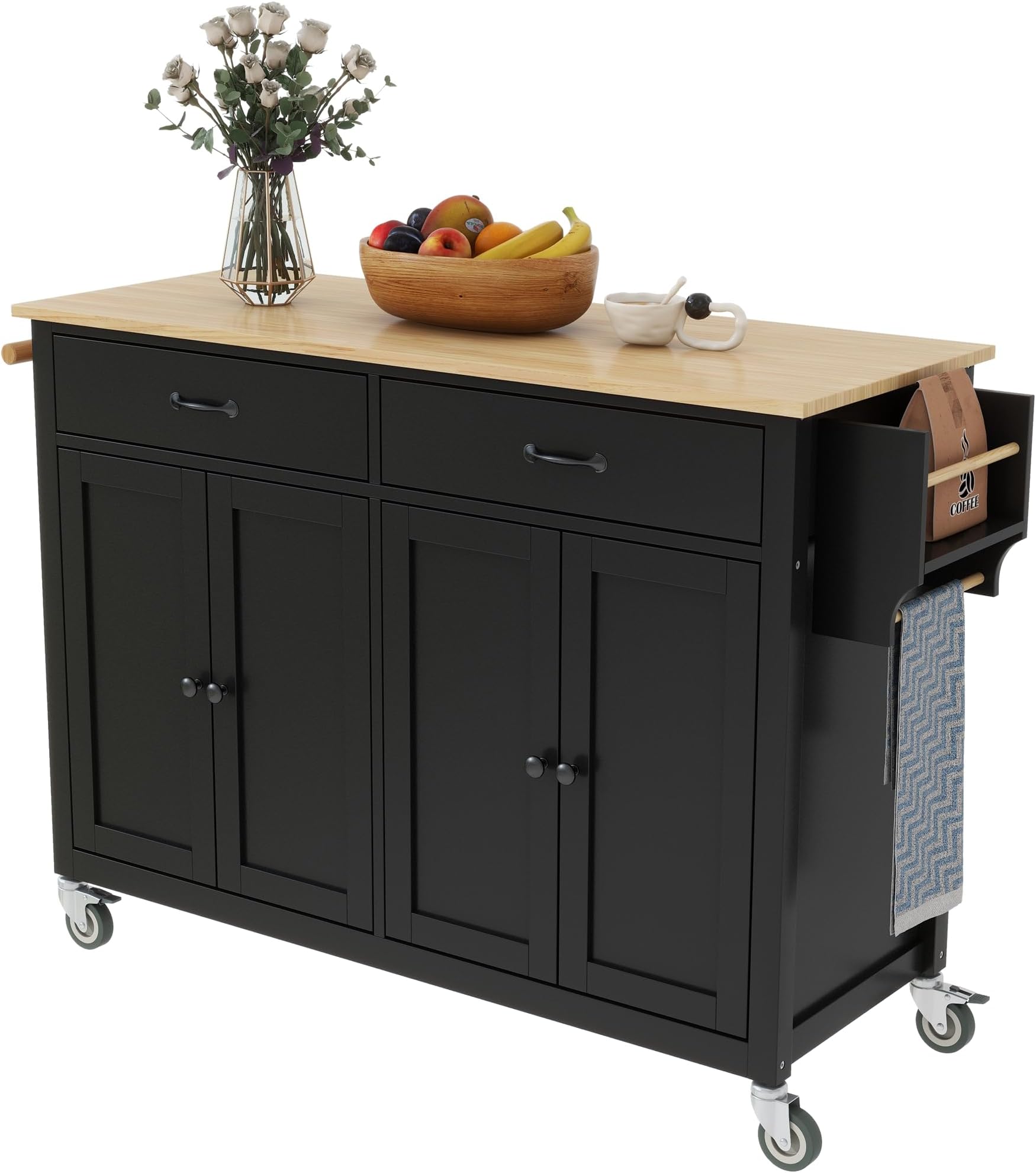 LUMISOL Kitchen Island on Wheels with 2 Cabinets and 2 Drawers, Rolling Kitchen Cart with Solid Wood Top, Large Portable Islands for Dining Room Living Room, Black