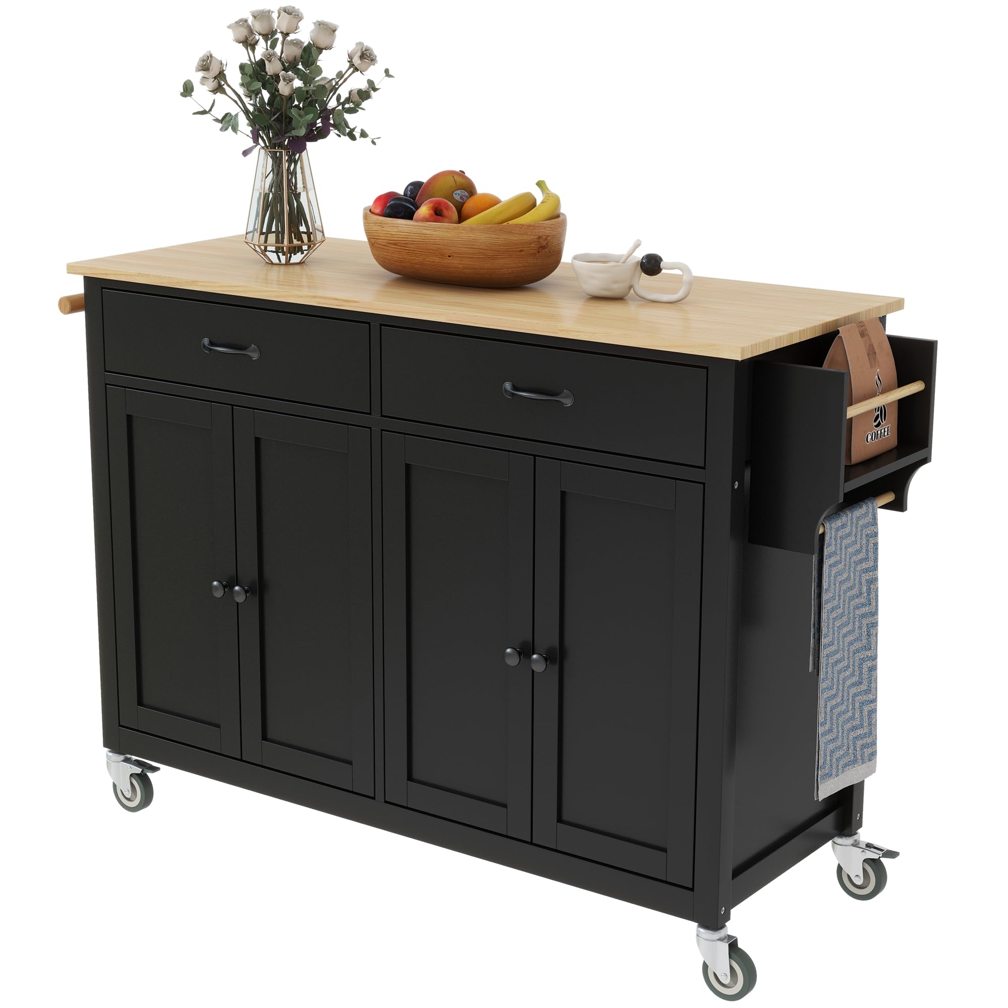 LUMISOL Large Rolling Kitchen Island Cart with 2 Drawers, Kitchen Island on Wheels with Solid Wood Top, Portable Trolley Island with 2 Cabinets for Dining Room Living Room, Black