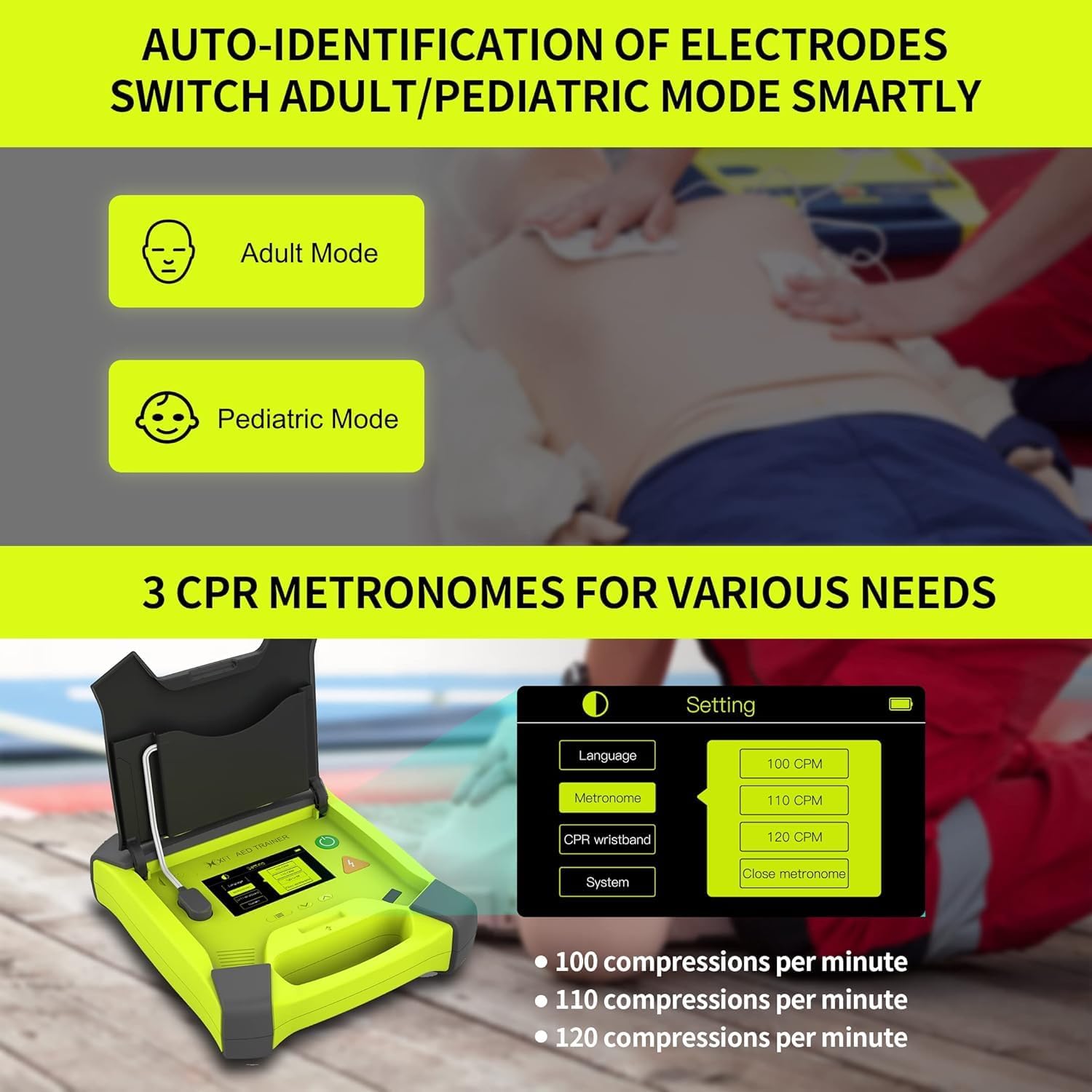 XFT-120G AED Trainer showing adult and pediatric modes