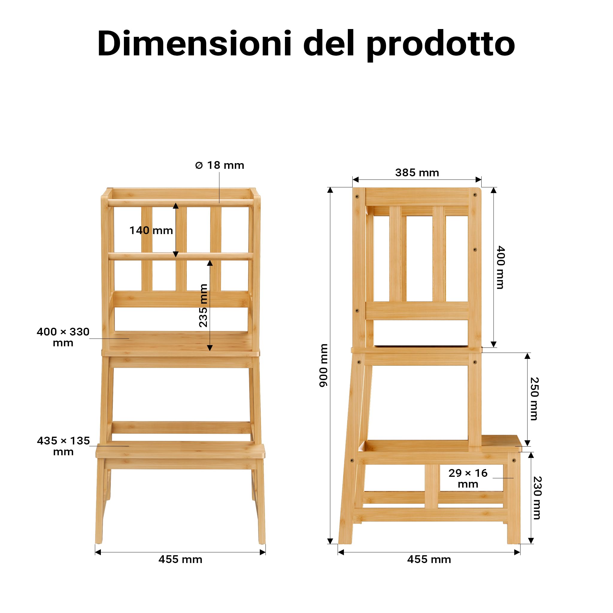 Wiltec Torre Montessori in bambù 46x46x90cm, con barre di protezione, Learning tower Scala montessoriana