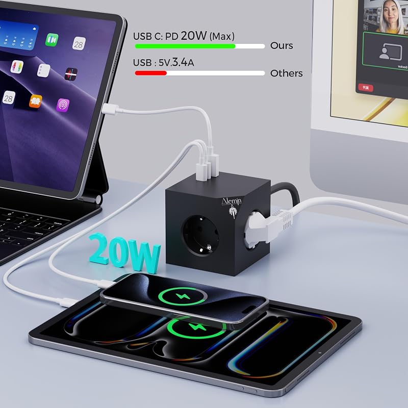 ALEMIN Mágneses Elosztó Kocka 3 USB Porttal, 6-in-1 Kapcsolós Hálózati Adapter 3680W, Fekete Fali Aljzat Iroda Otthon