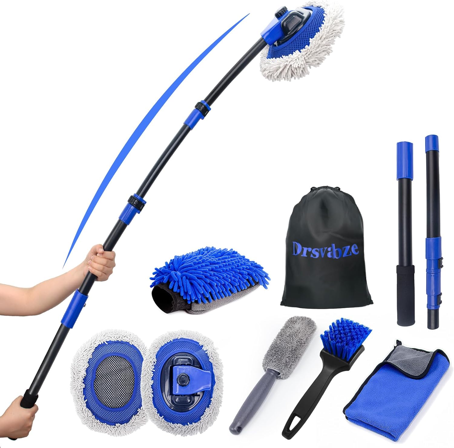 15°Curved Car Wash Brush with Long Handle Kit, 55-Inch 4-Section Extendable Pole with Replacement Head, Chenille Mitt, Tire & Wheel Hub Brushes, Towel, Storage Bag for Car, RV, Truck [Scratch Free]