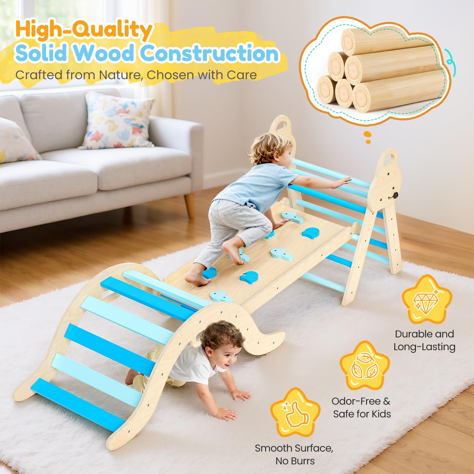 nmoiww Struttura da Arrampicata per Bambini 7 in 1, Scala da Arrampicata in Legno per Bambini con Cuscino Accogliente, Palestra da Gioco Montessori per Interni (Blu-7 in 1)