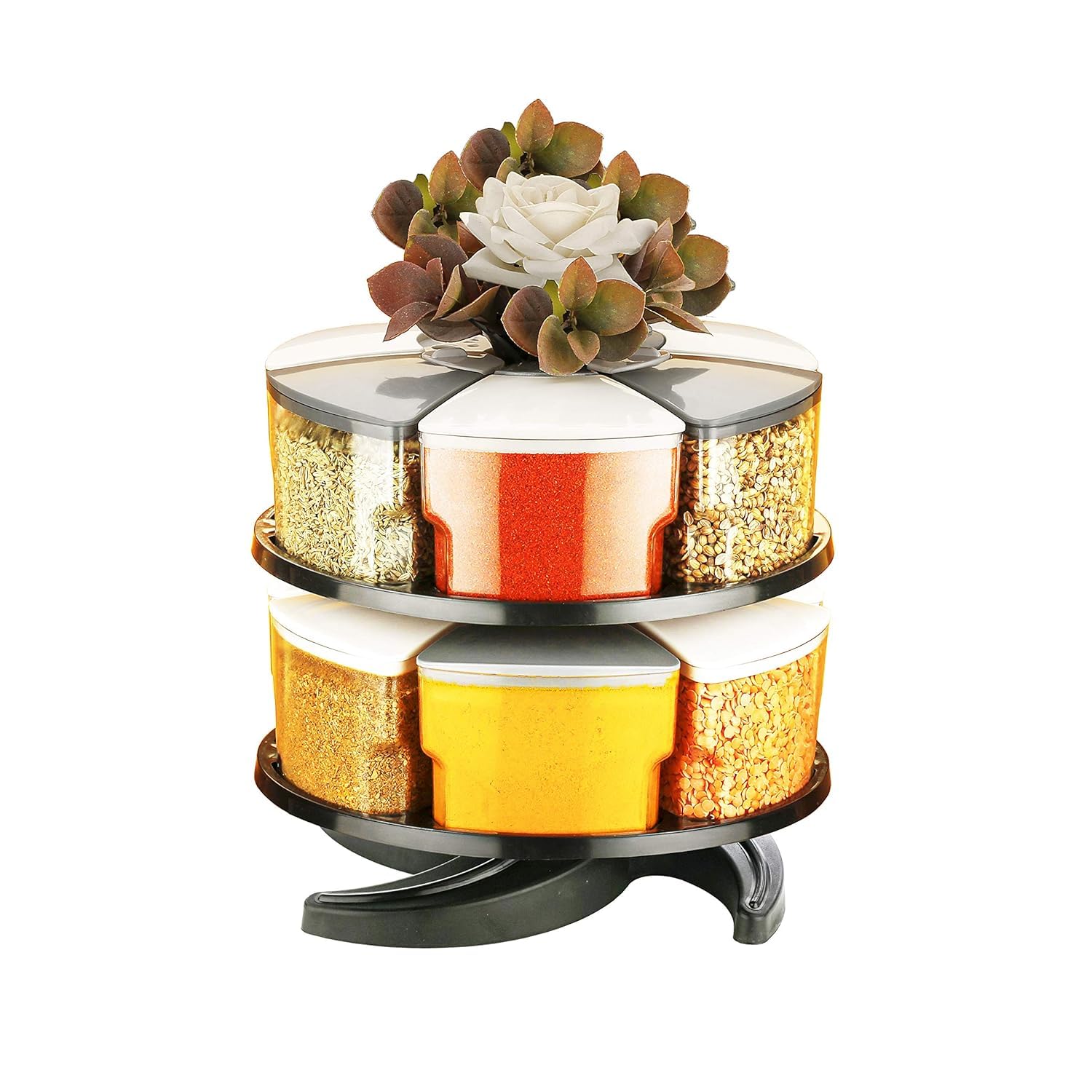 RUSHIL WERE 360° Spice Rack Set Of 12 Pieces 2 Layer | Countertop Spice Set | Masala Box | 300 ml | Plastic Grocery Container | Grey-White | Air Tight | BPA Free | Durable | With Sprinkle | 2 Layer (B0DFHCFHM4) Amazon Price History, Amazon Price Tracker