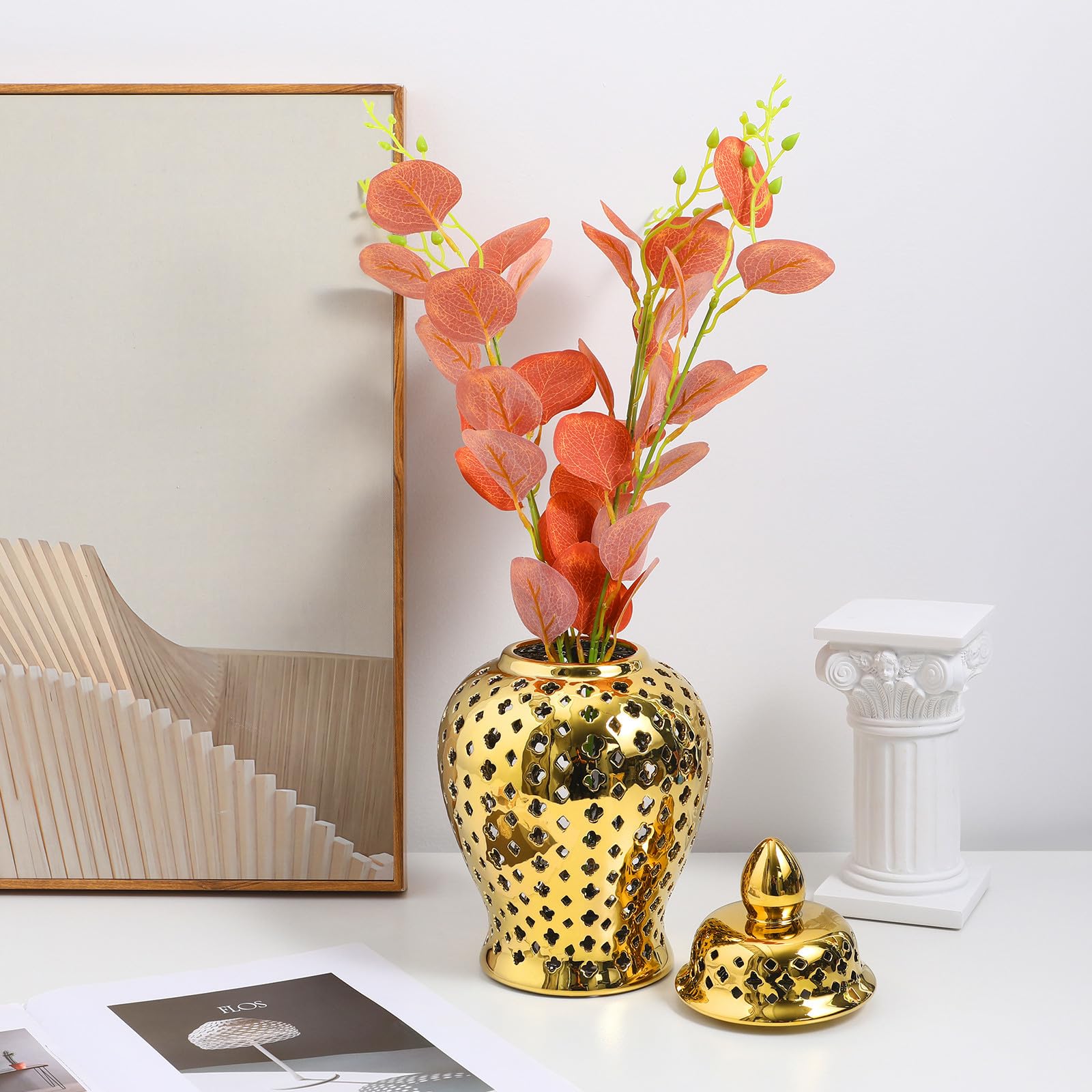 Vaso per Fiori in Ceramica Dorata Traforata per Casa e Tavolo | Adatto a Fiori di Seta e Artificiali, Leggero e Facile da Portare, Stile Romantico per Feste e Capodanno