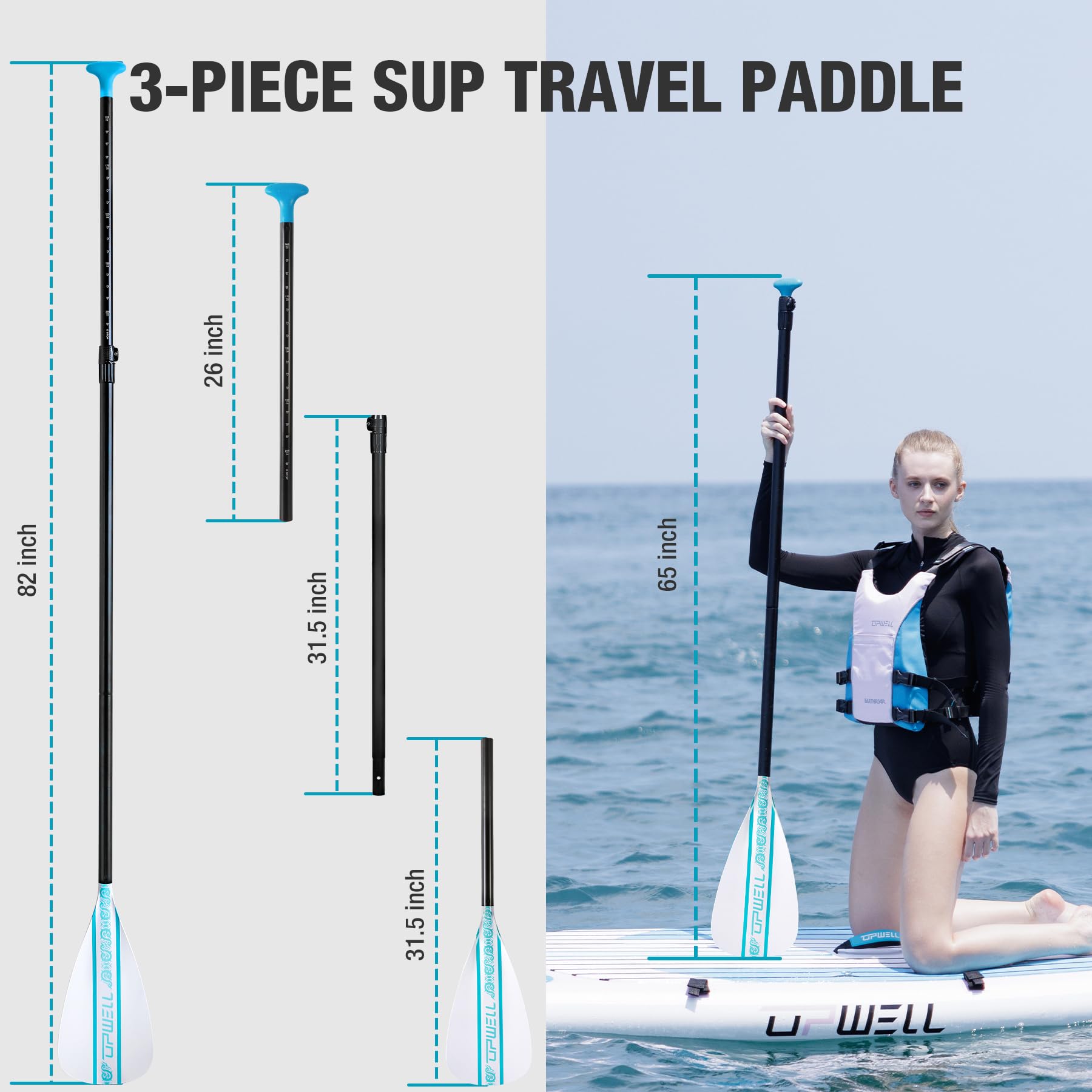 UPWELL SUP-Paddel, verstellbares Stand-Up-Paddel für Paddleboard, Schaft aus Aluminiumlegierung mit verstärkter Fiberglas-Klinge