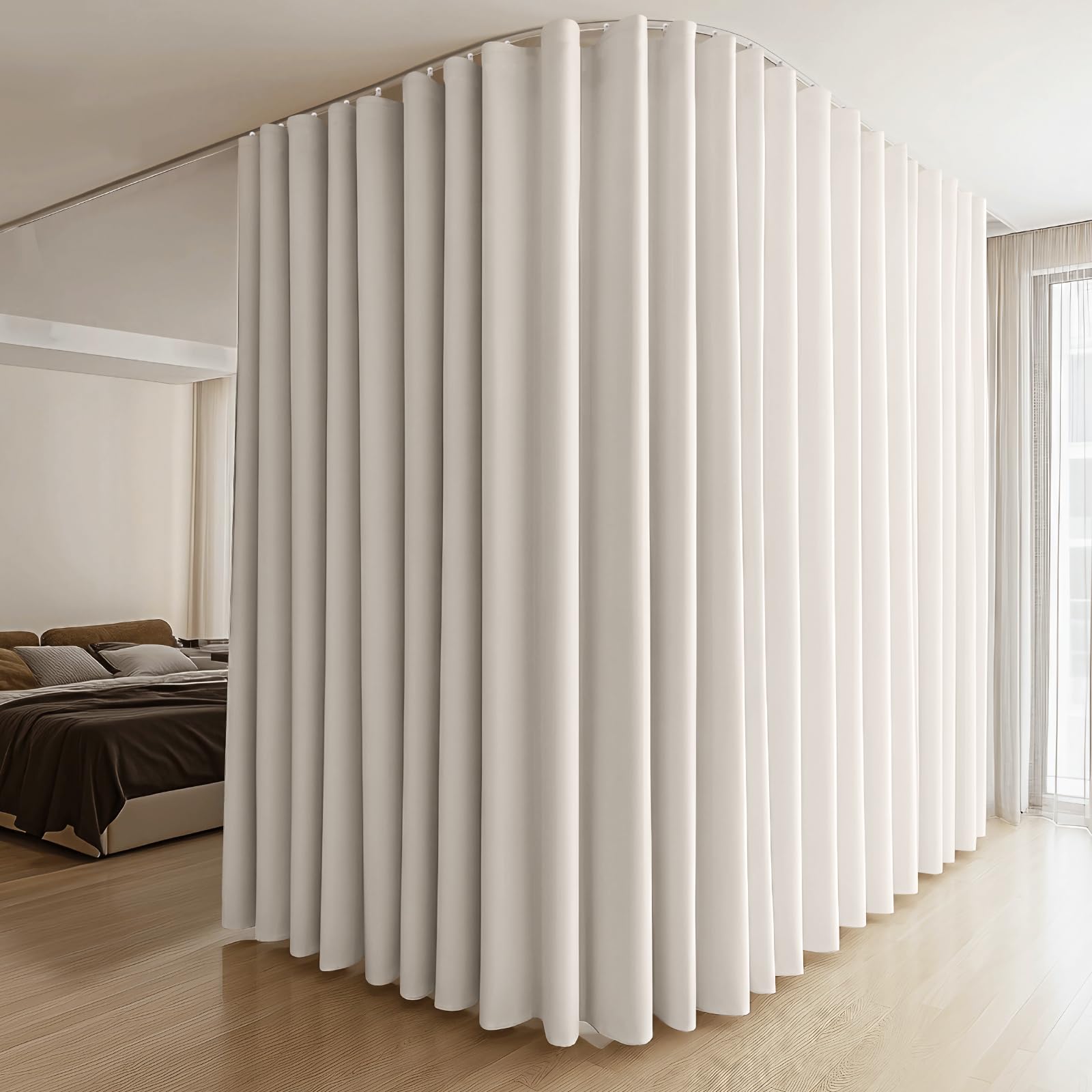 Room Divider Curtains &amp; Flexible Bendable Tracks Set,Privacy Dividers Ceiling Track Curtain Window Blackout Curtains for Living Room Bedroom (W150 × H96 in 1 Panel Beige Drape &amp; White Rail)