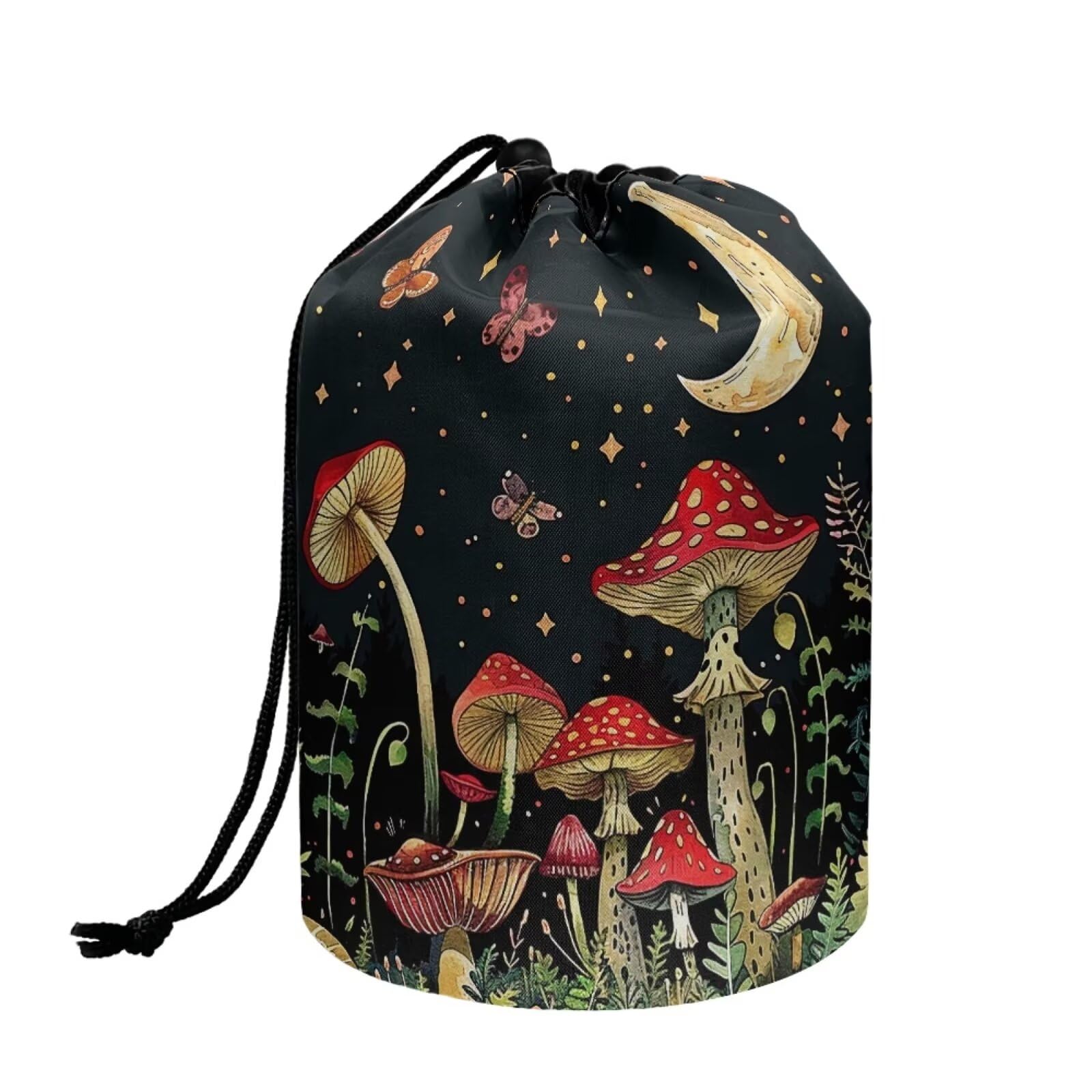 chaqlin Moon Mushroom Travel Cosmetic Bags Barrel Makeup Bag,Women Girls Portable Foldable Cases Multifunctional Toiletry Bucket Bags Round Organizer Storage Pocket